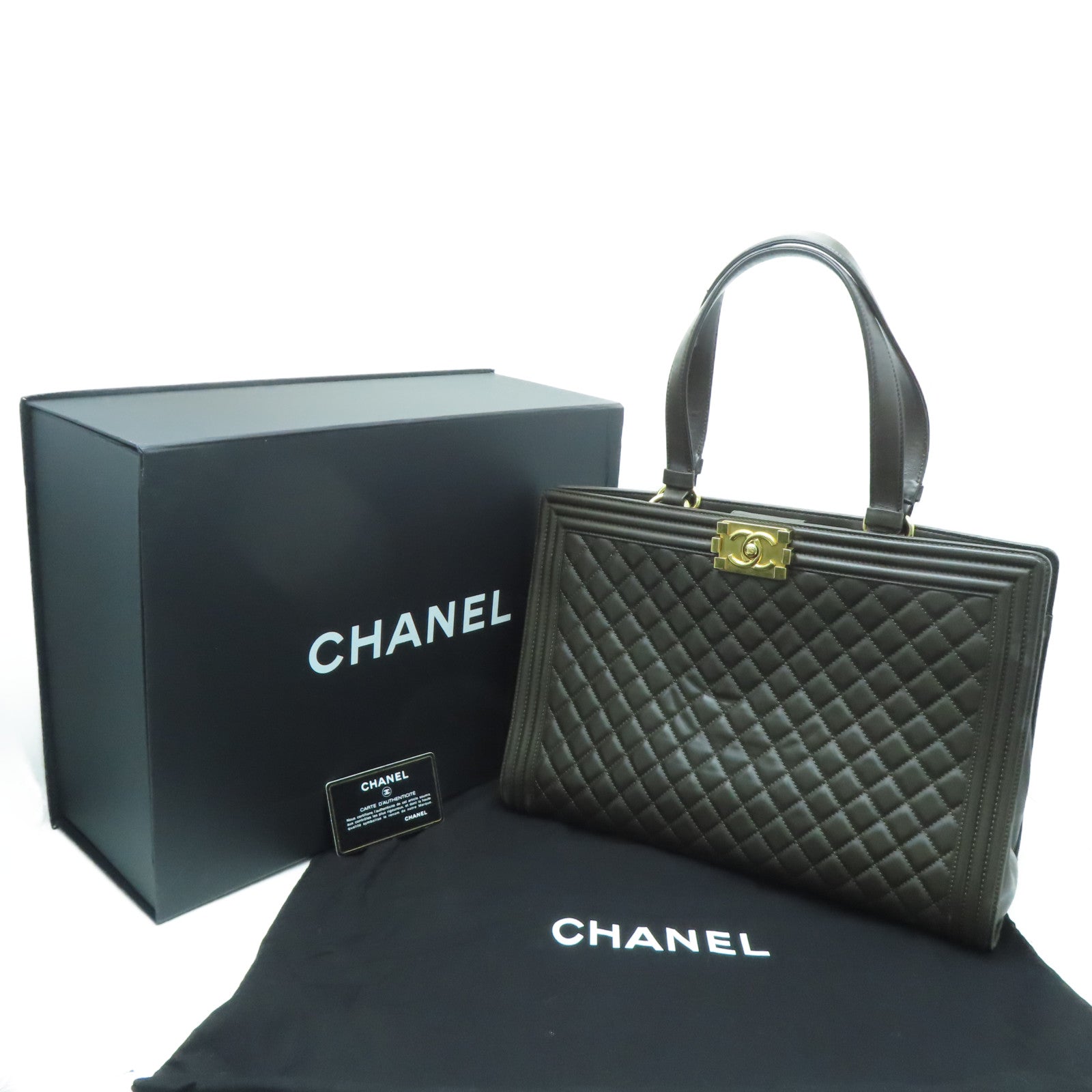 CHANEL 菱格牛皮皮革Boy Totebag金扣手挽袋深绿色