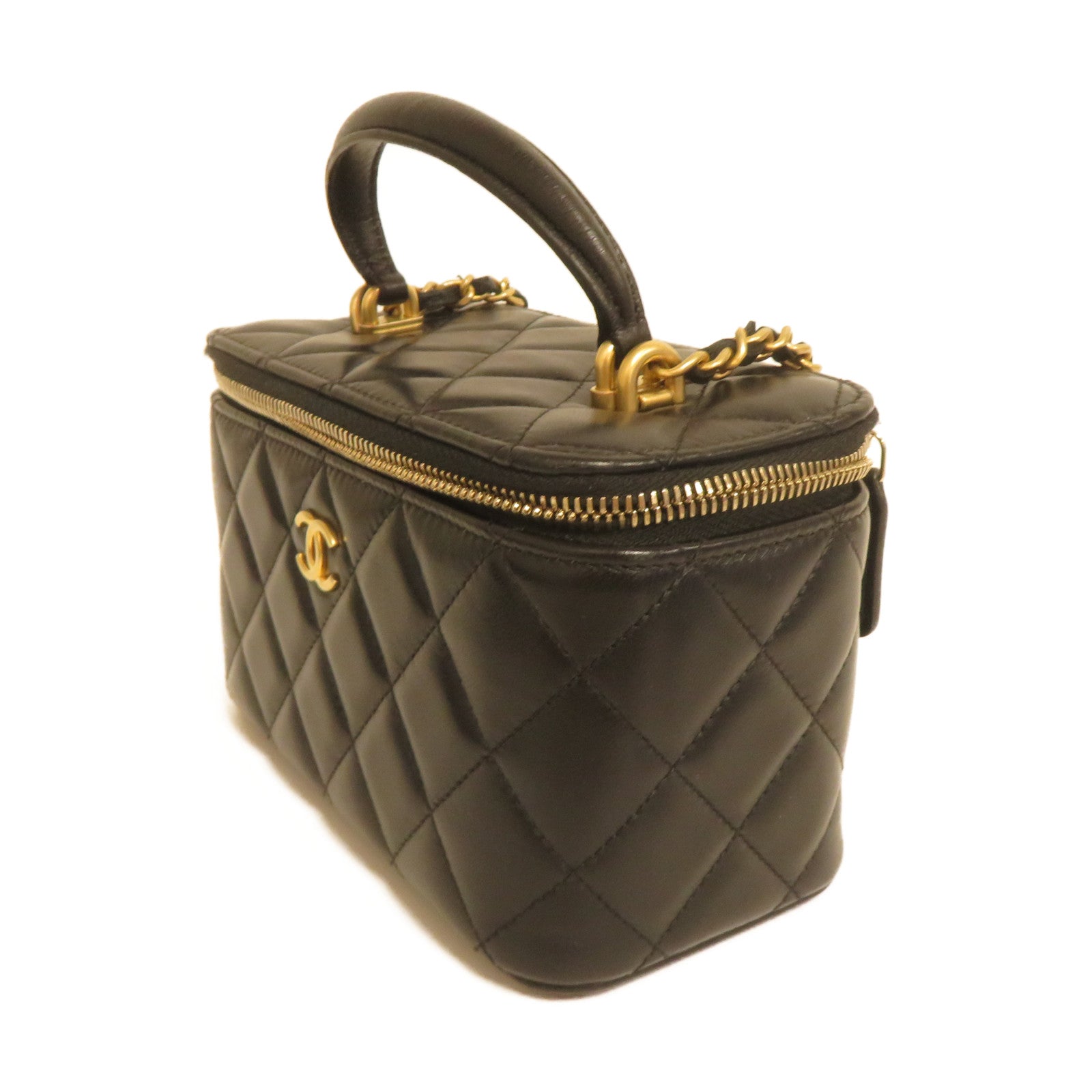 CHANEL 菱格羊皮皮革Chain Shoulder金扣鏈帶肩背袋黑色