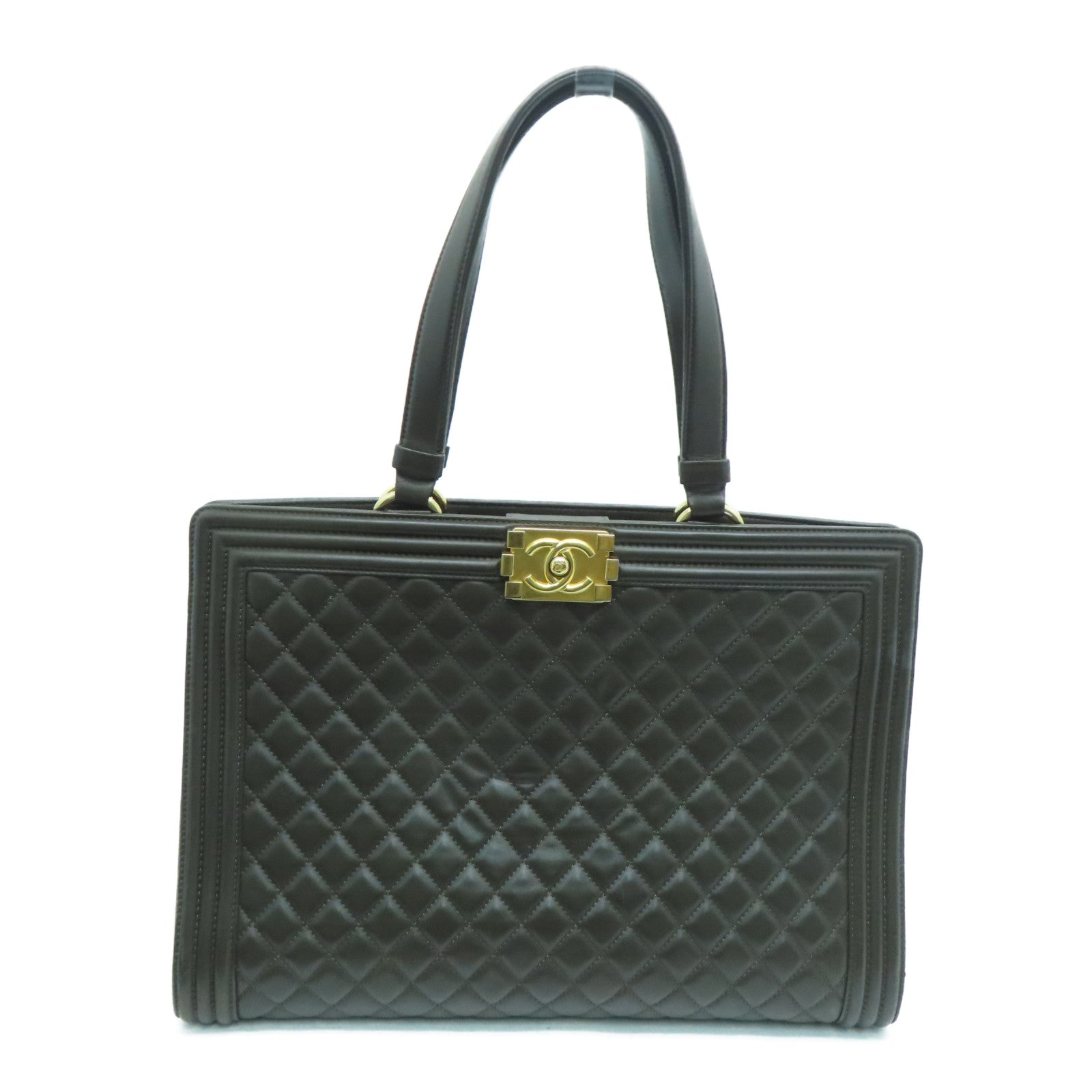 CHANEL 菱格牛皮皮革Boy Totebag金扣手挽袋深绿色