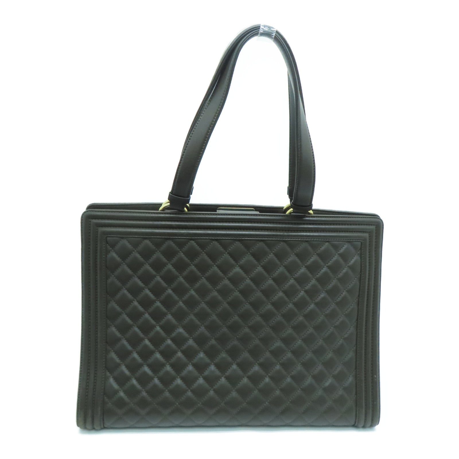 CHANEL 菱格牛皮皮革Boy Totebag金扣手挽袋深绿色
