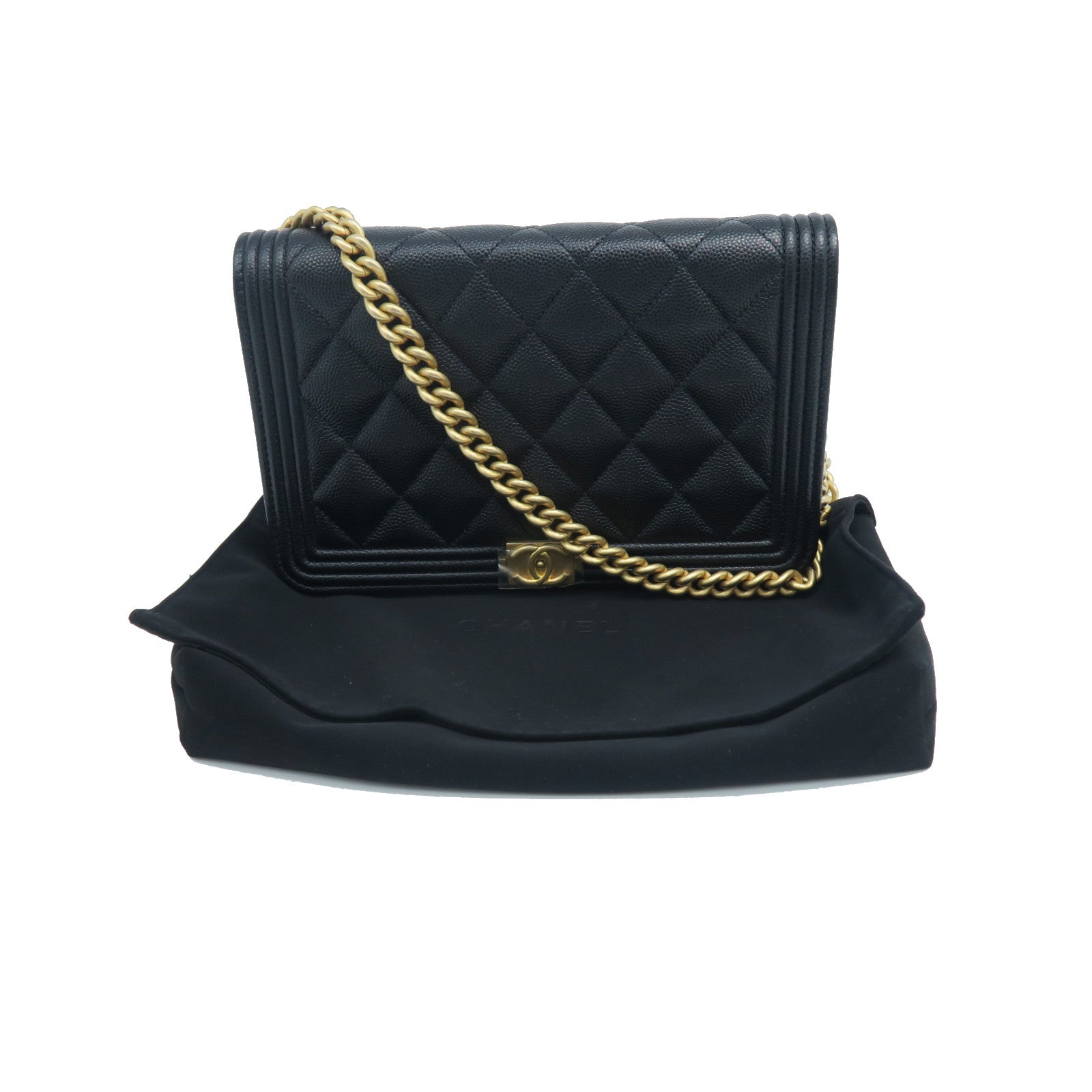 CHANEL rhombic cowhide leather Boy Chanel gold buckle chain shoulder bag black
