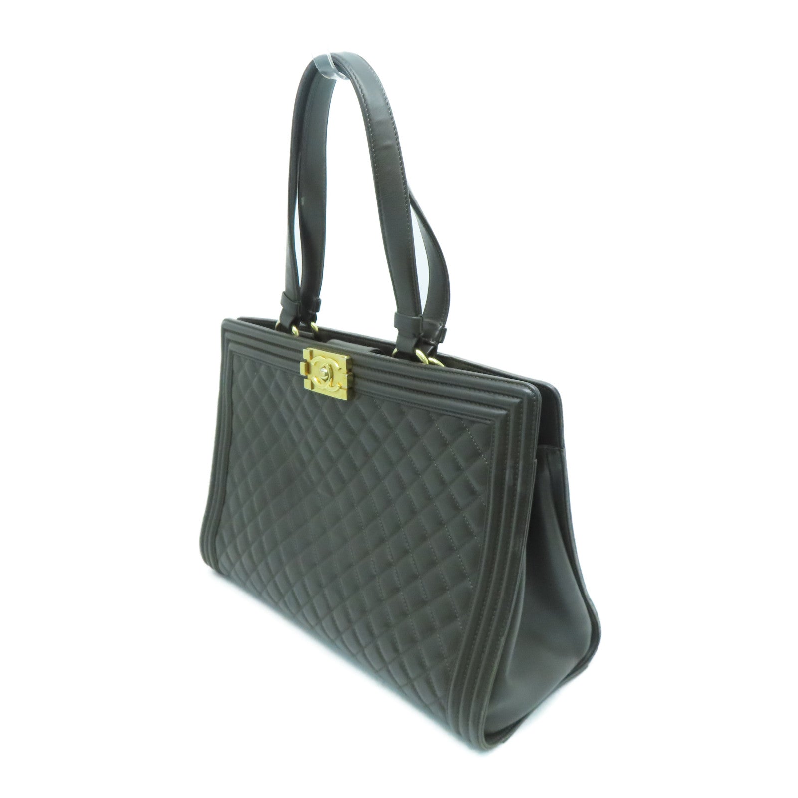 CHANEL 菱格牛皮皮革Boy Totebag金扣手挽袋深绿色