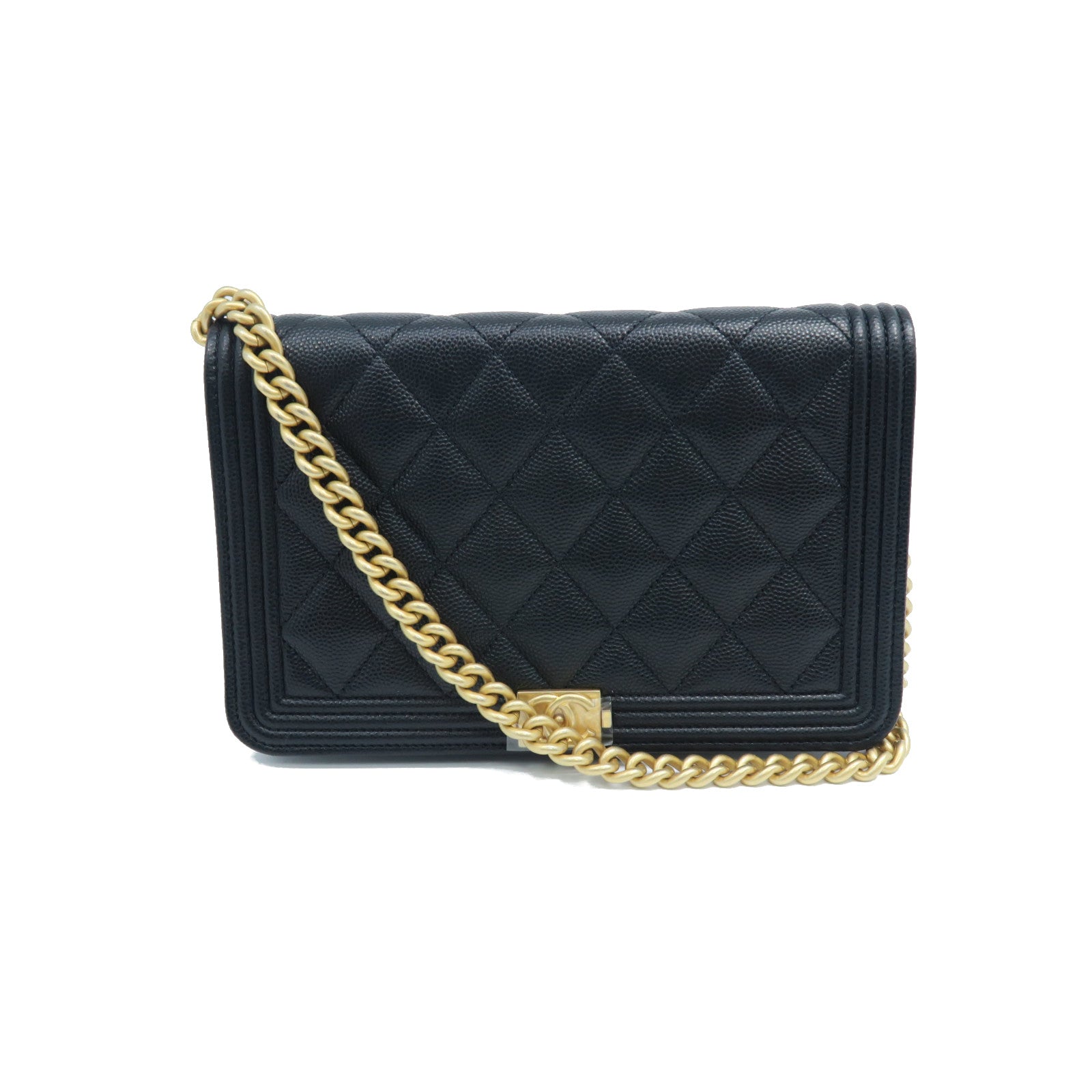 CHANEL rhombic cowhide leather Boy Chanel gold buckle chain shoulder bag black