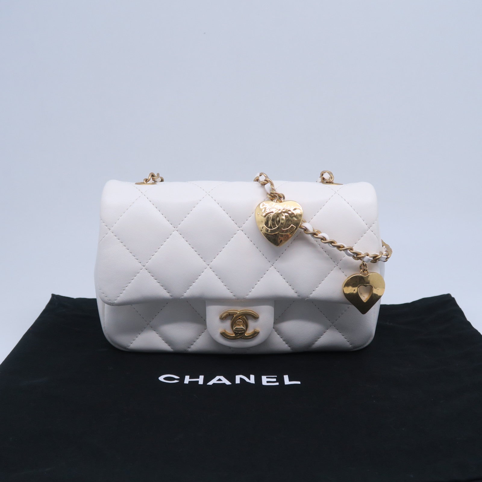CHANEL 菱格牛皮皮革Chain Shoulder Bag金扣鏈帶肩背袋白色