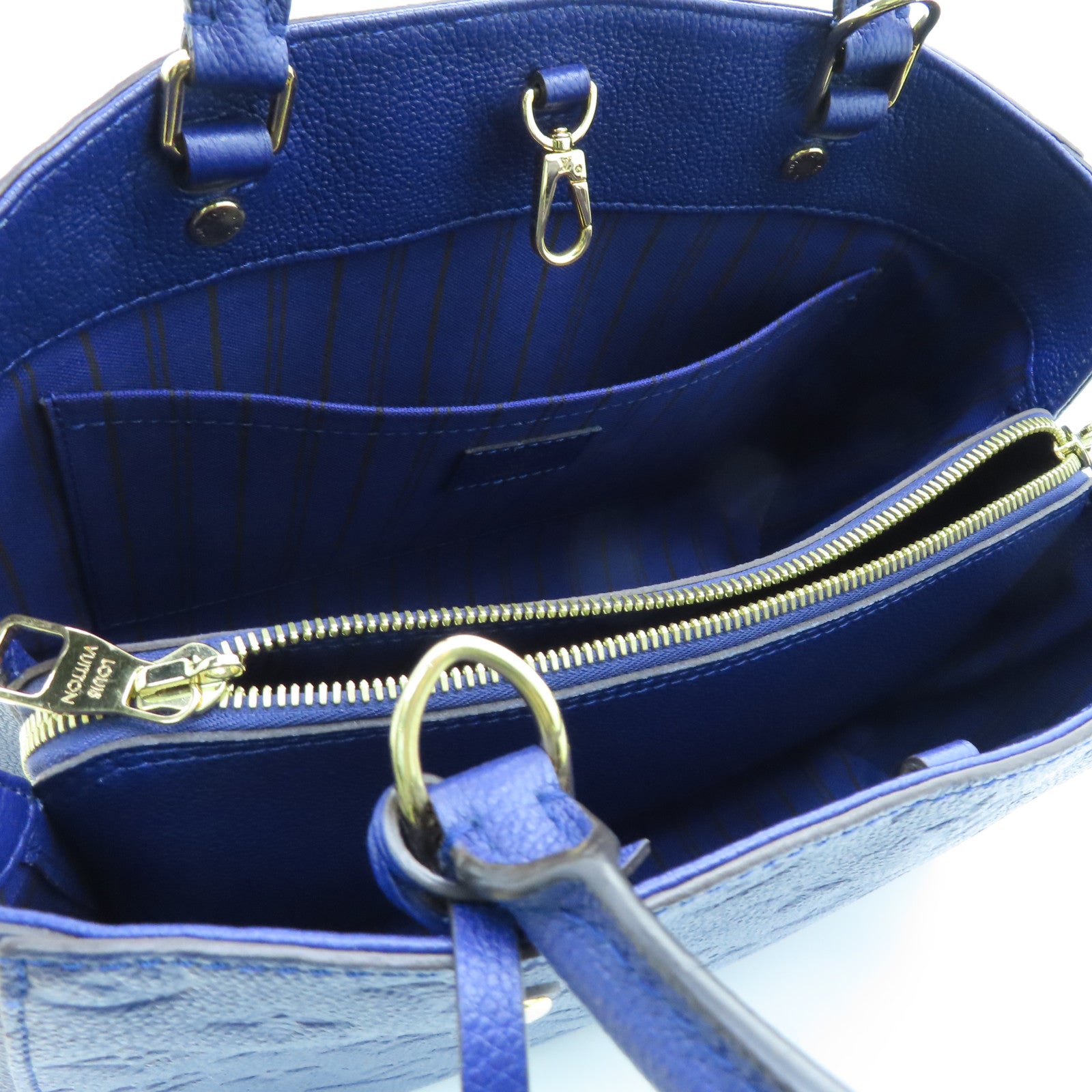 LOUIS VUITTON Monogram Empreinte Montaigne MM gold buckle handle shoulder bag dual-use blue