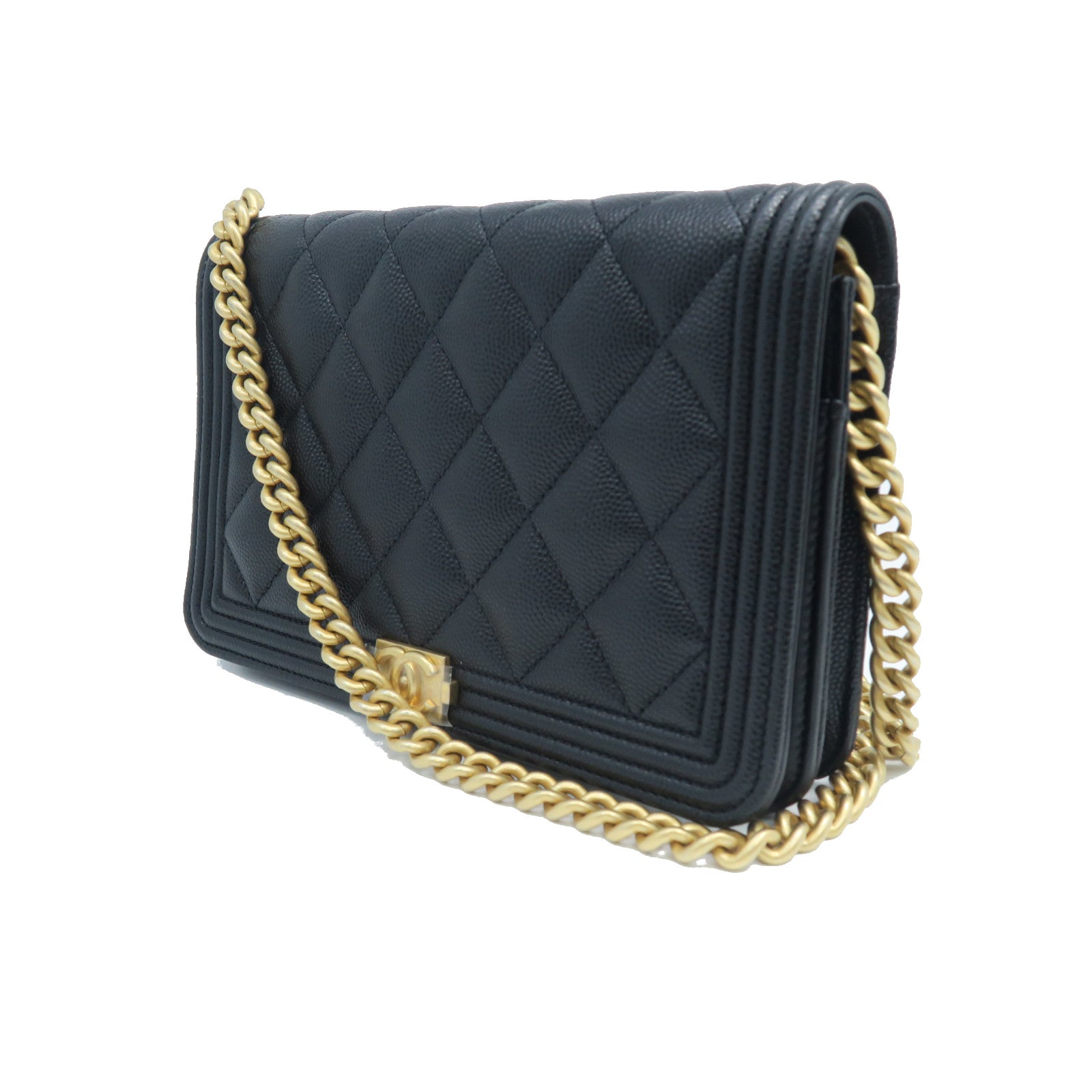 CHANEL rhombic cowhide leather Boy Chanel gold buckle chain shoulder bag black