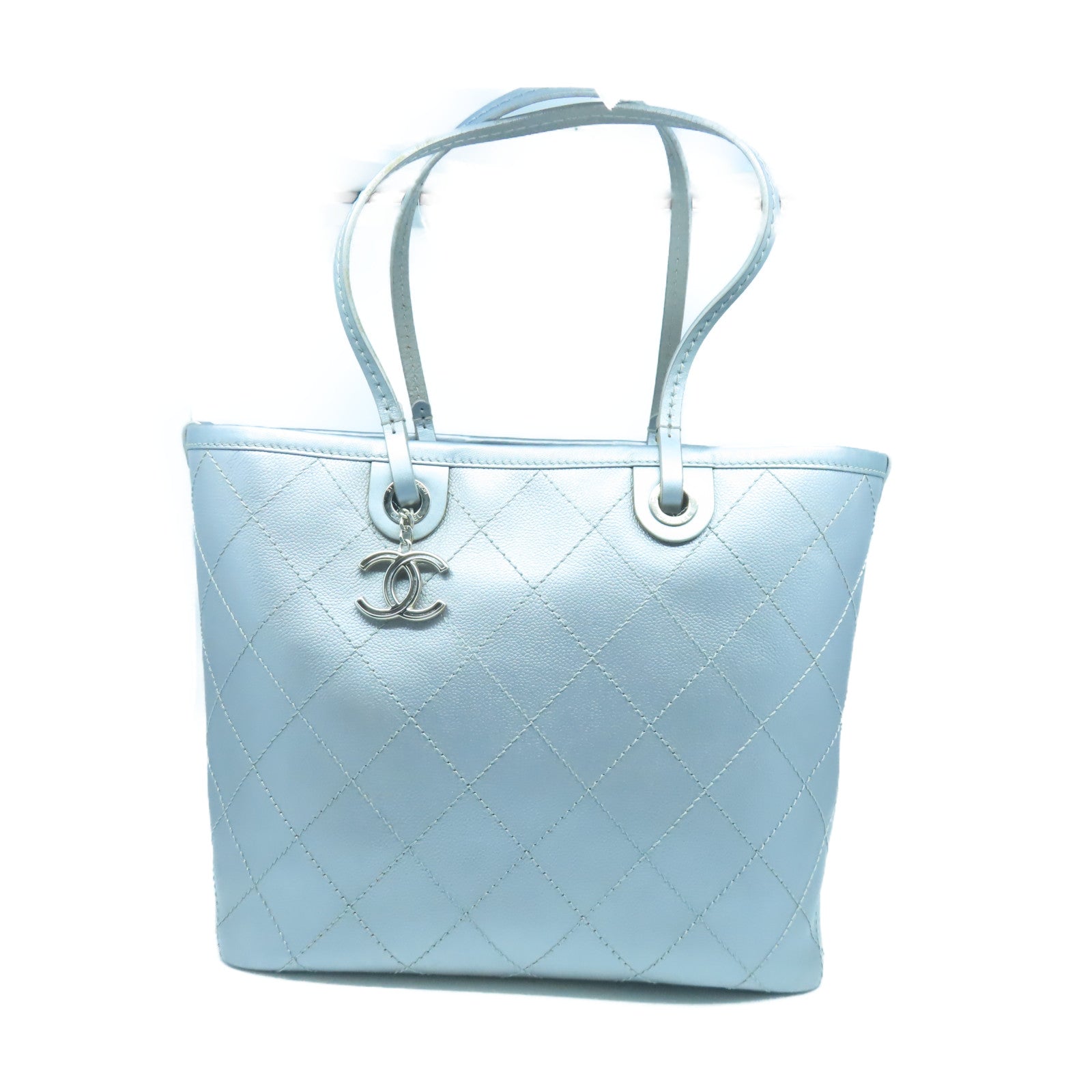 CHANEL 【激減優惠】菱格Caviar皮革Tote Bag銀扣手挽袋銀色