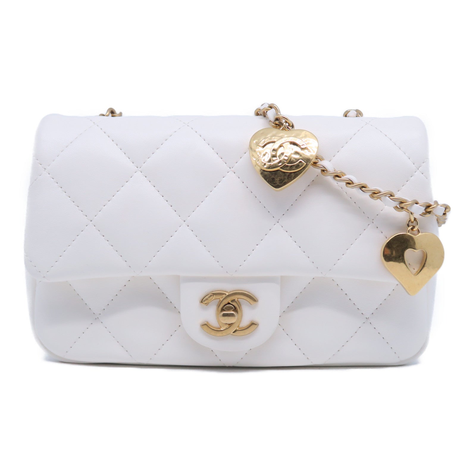 CHANEL 菱格牛皮皮革Chain Shoulder Bag金扣鏈帶肩背袋白色