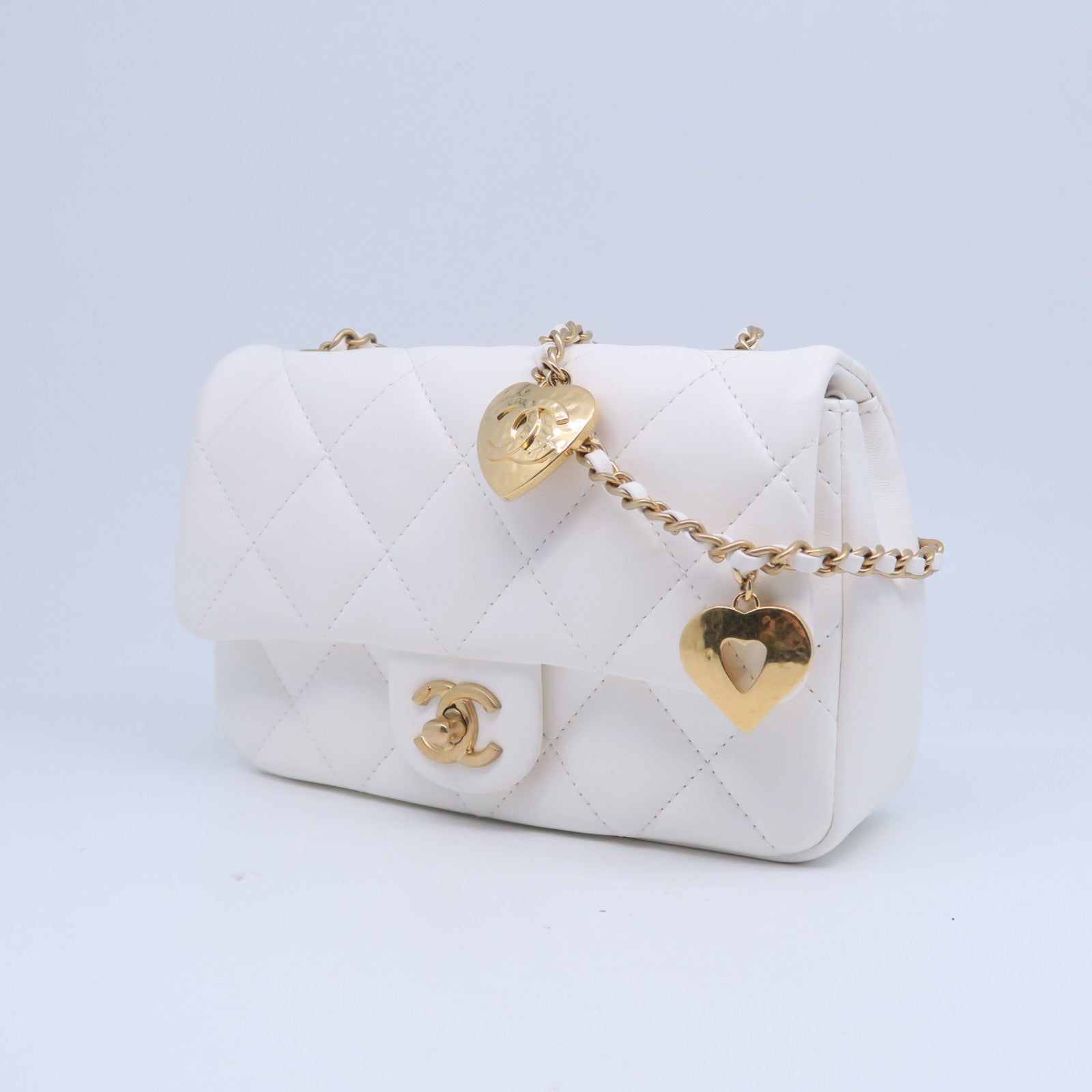 CHANEL 菱格牛皮皮革Chain Shoulder Bag金扣鏈帶肩背袋白色