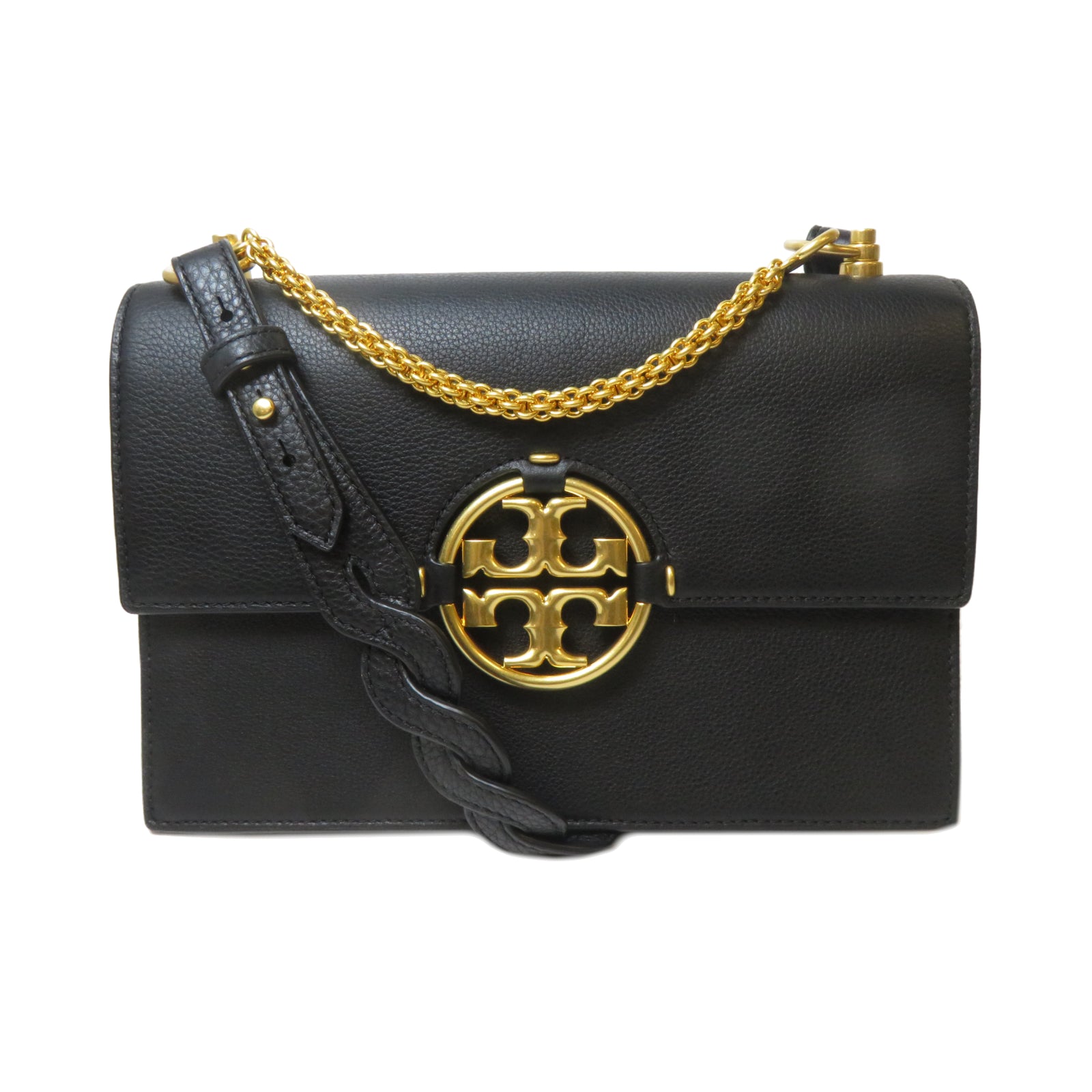 Tory Burch 牛皮皮革Logo-Plaque Leather Shoulder Bag金扣肩背袋黑色