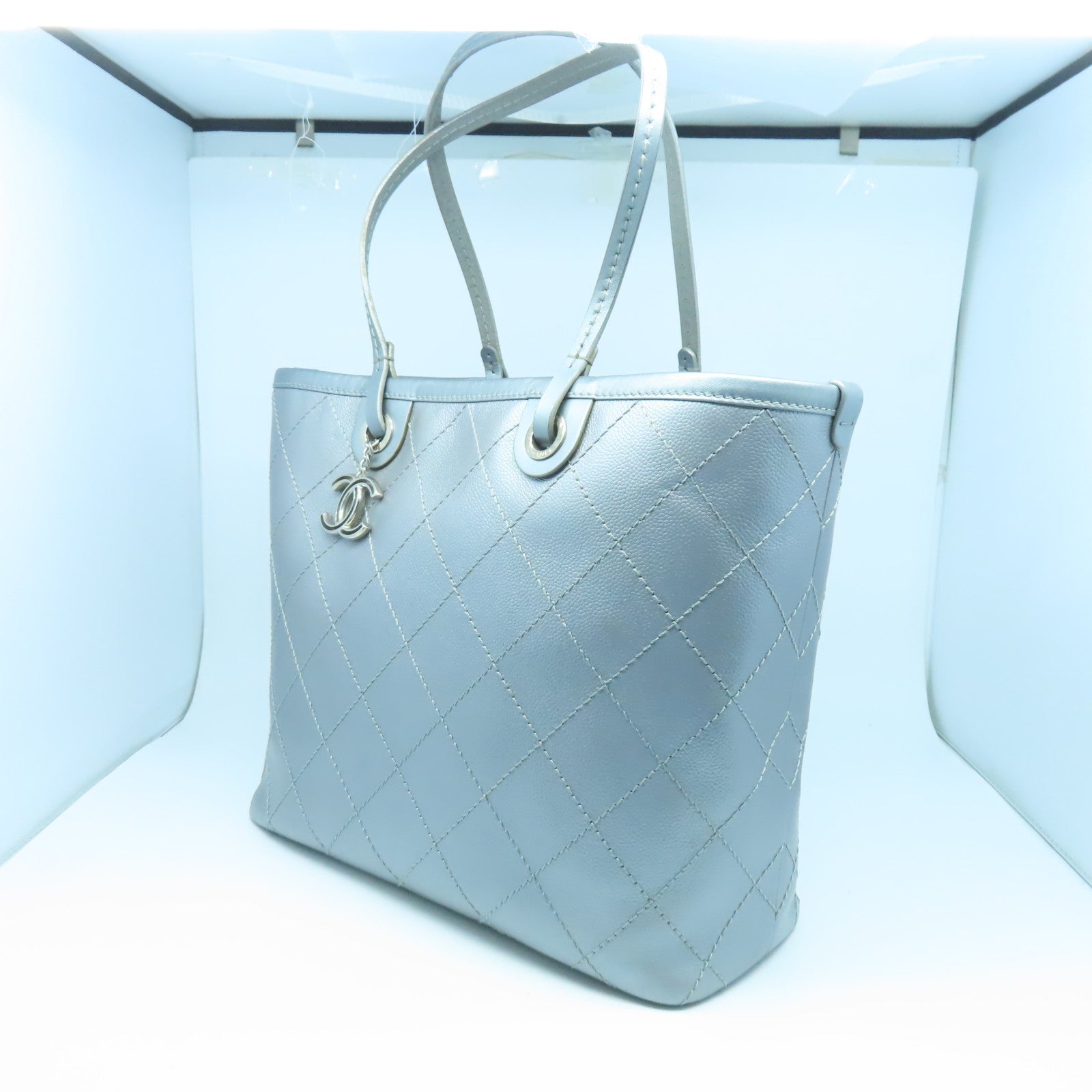 CHANEL 【激減優惠】菱格Caviar皮革Tote Bag銀扣手挽袋銀色
