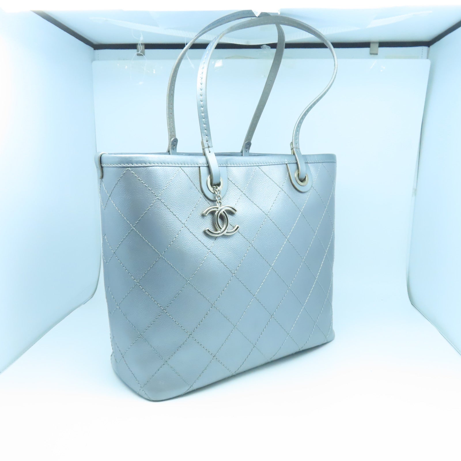 CHANEL 【激減優惠】菱格Caviar皮革Tote Bag銀扣手挽袋銀色