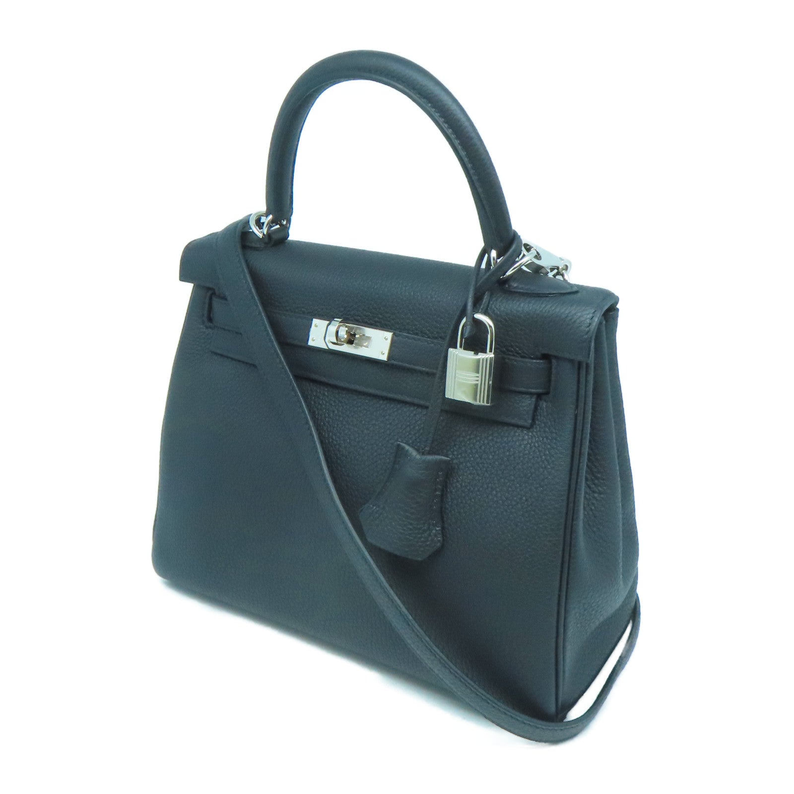 HERMES 【激減優惠】Clemence皮革Kelly 25銀扣手挽肩背兩用袋黑色