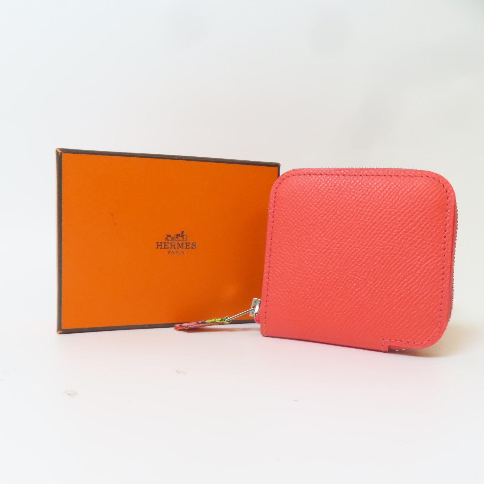 HERMES Epsom皮革Silk'in Coin Purse銀扣零錢包牡丹紅色
