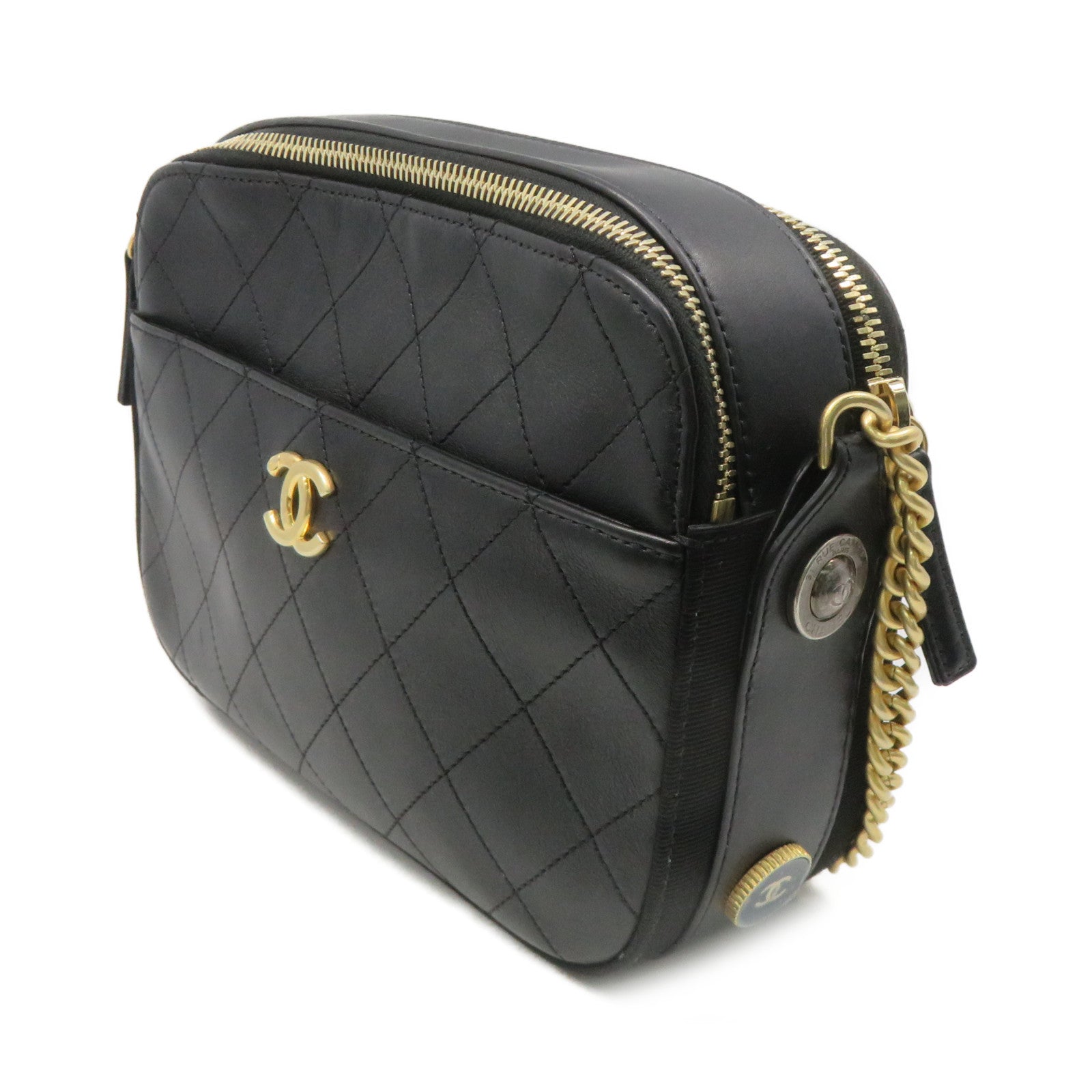 CHANEL 菱格牛皮皮革Camera Shoulder Bag金扣链带肩背袋黑色