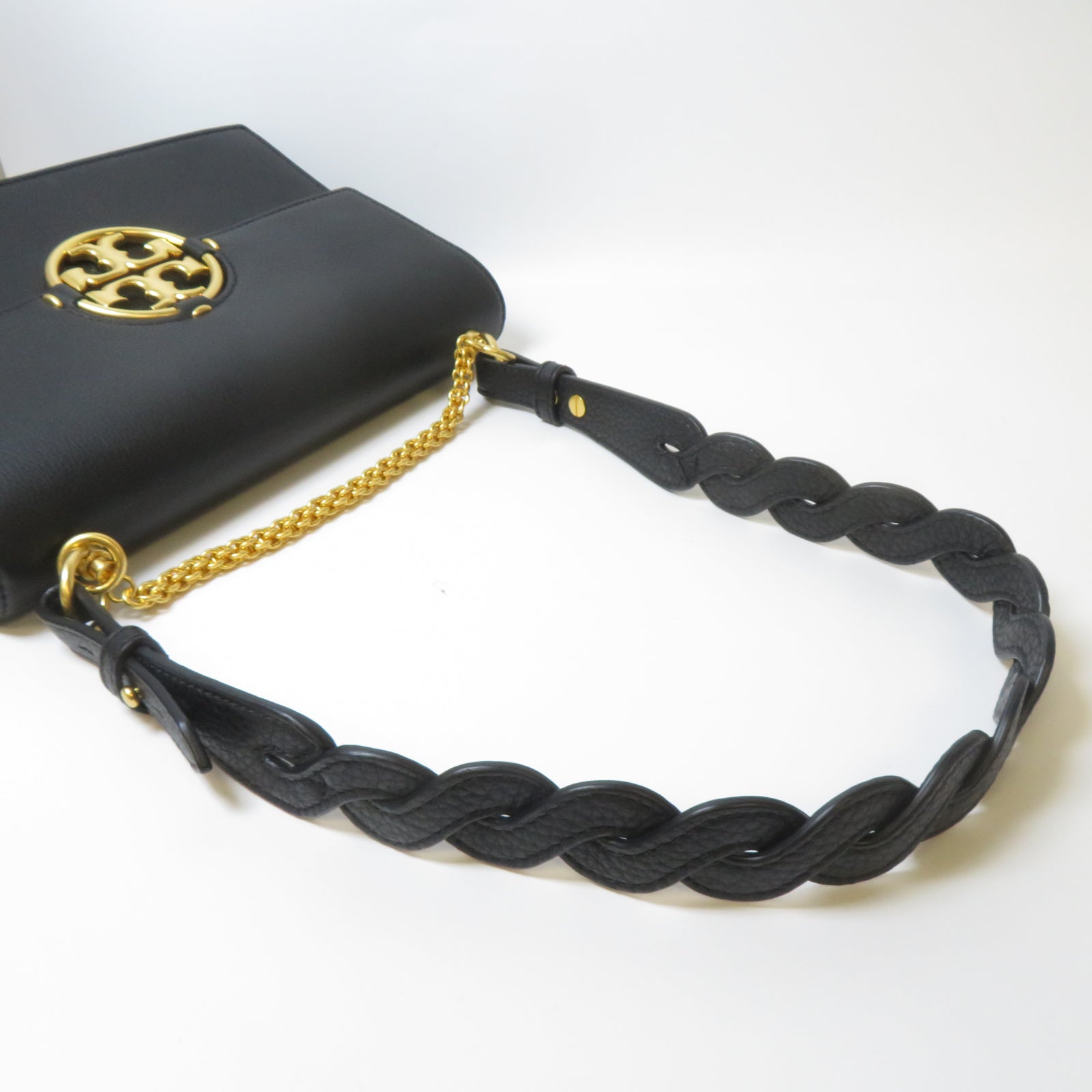 Tory Burch 牛皮皮革Logo-Plaque Leather Shoulder Bag金扣肩背袋黑色