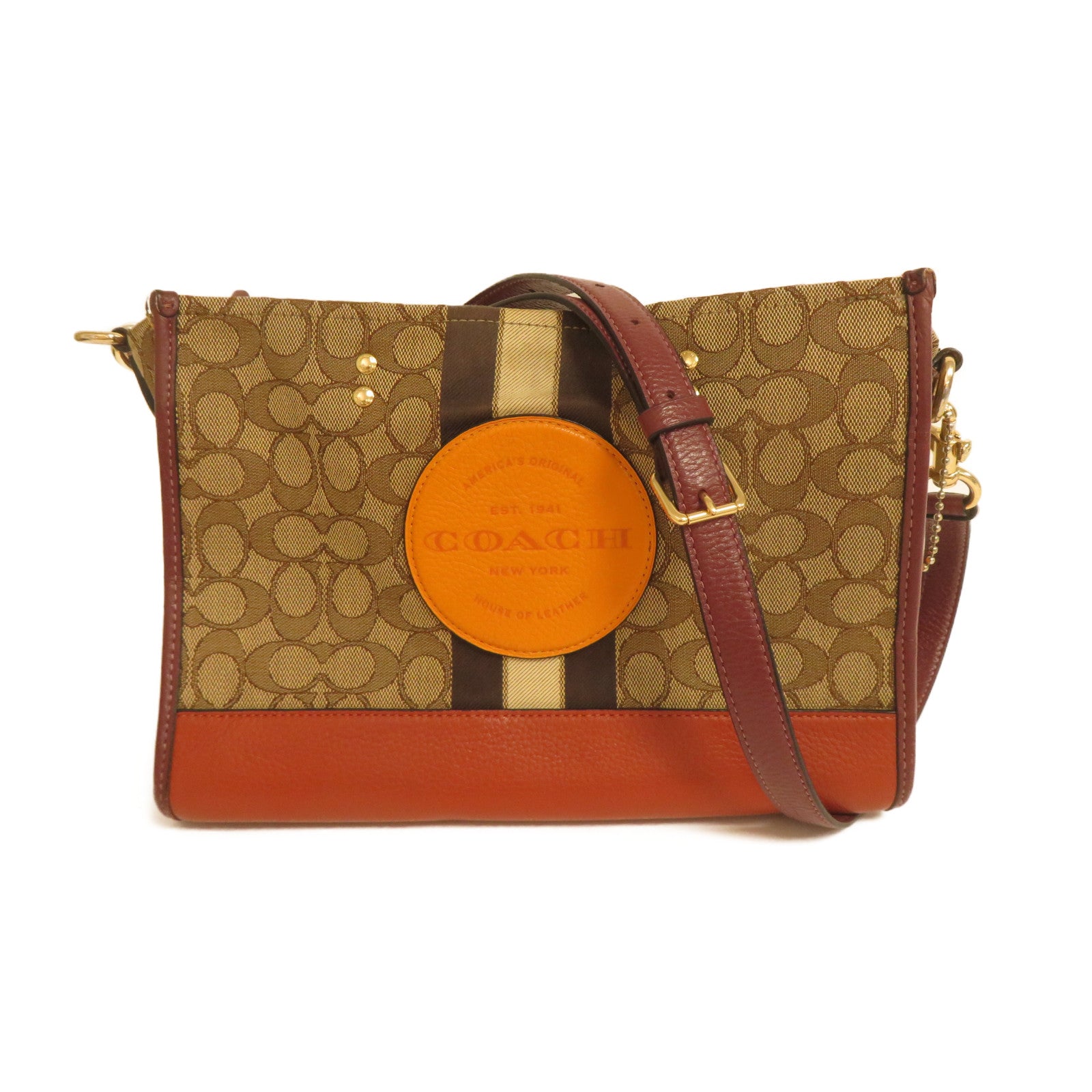 COACH 帆布Shoulder Bag金扣肩背袋啡色/紅色
