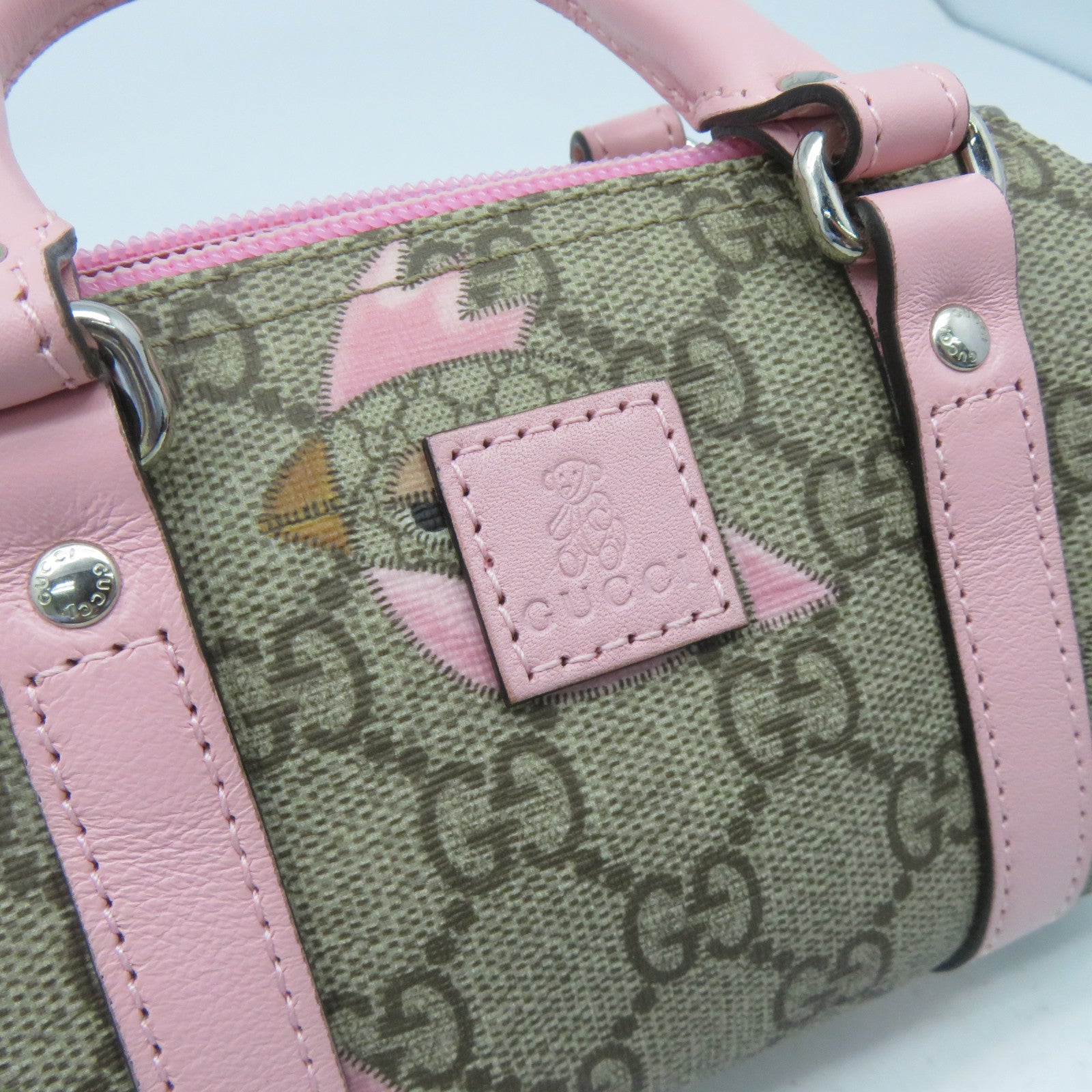 GUCCI 塗層帆布Boston Bag銀扣手挽袋粉紅色