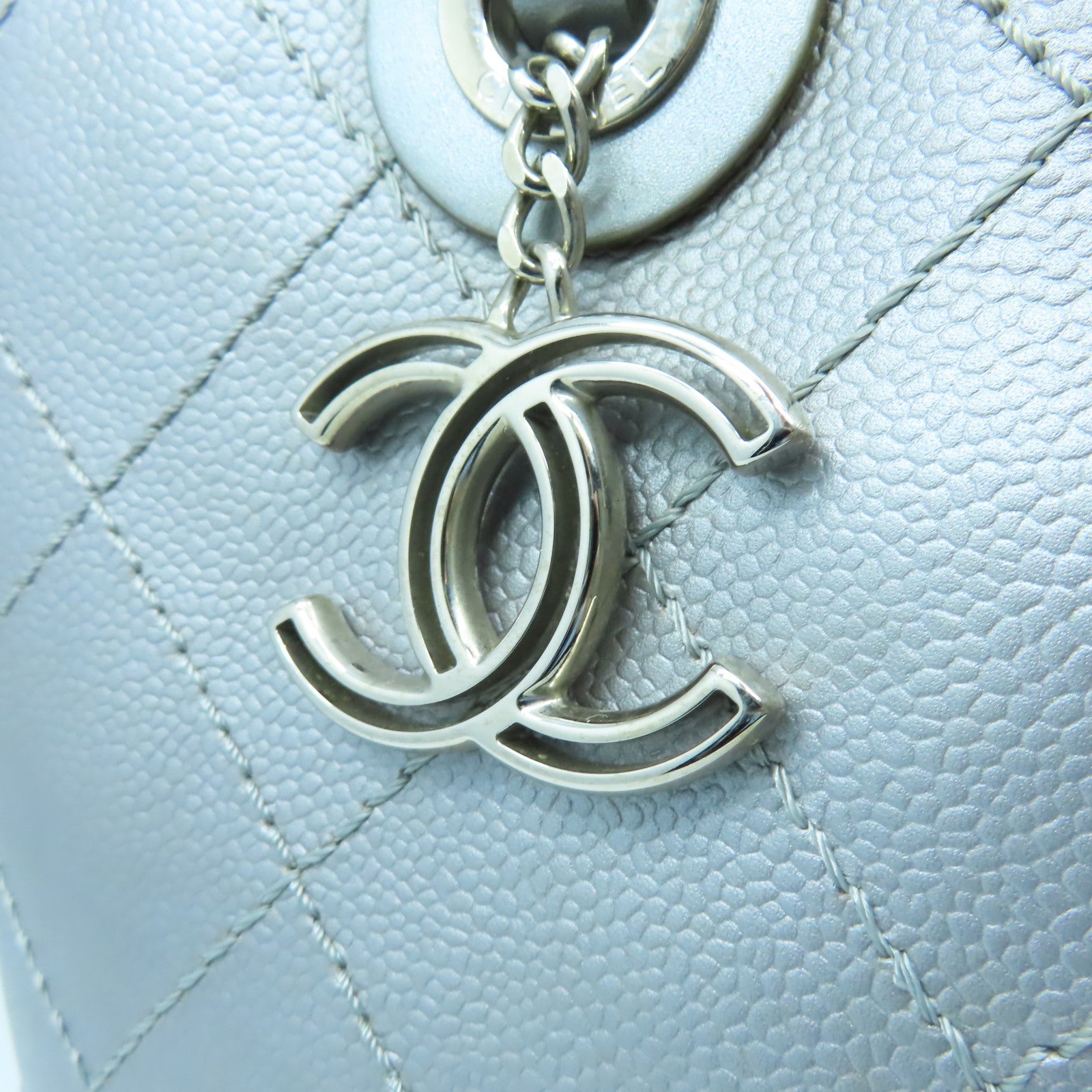 CHANEL 【激減優惠】菱格Caviar皮革Tote Bag銀扣手挽袋銀色
