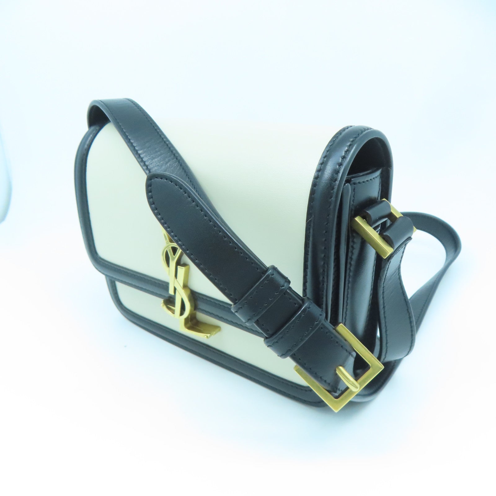 SAINT LAURENT 牛皮皮革Shoulder Bag金扣肩背袋白色/黑色