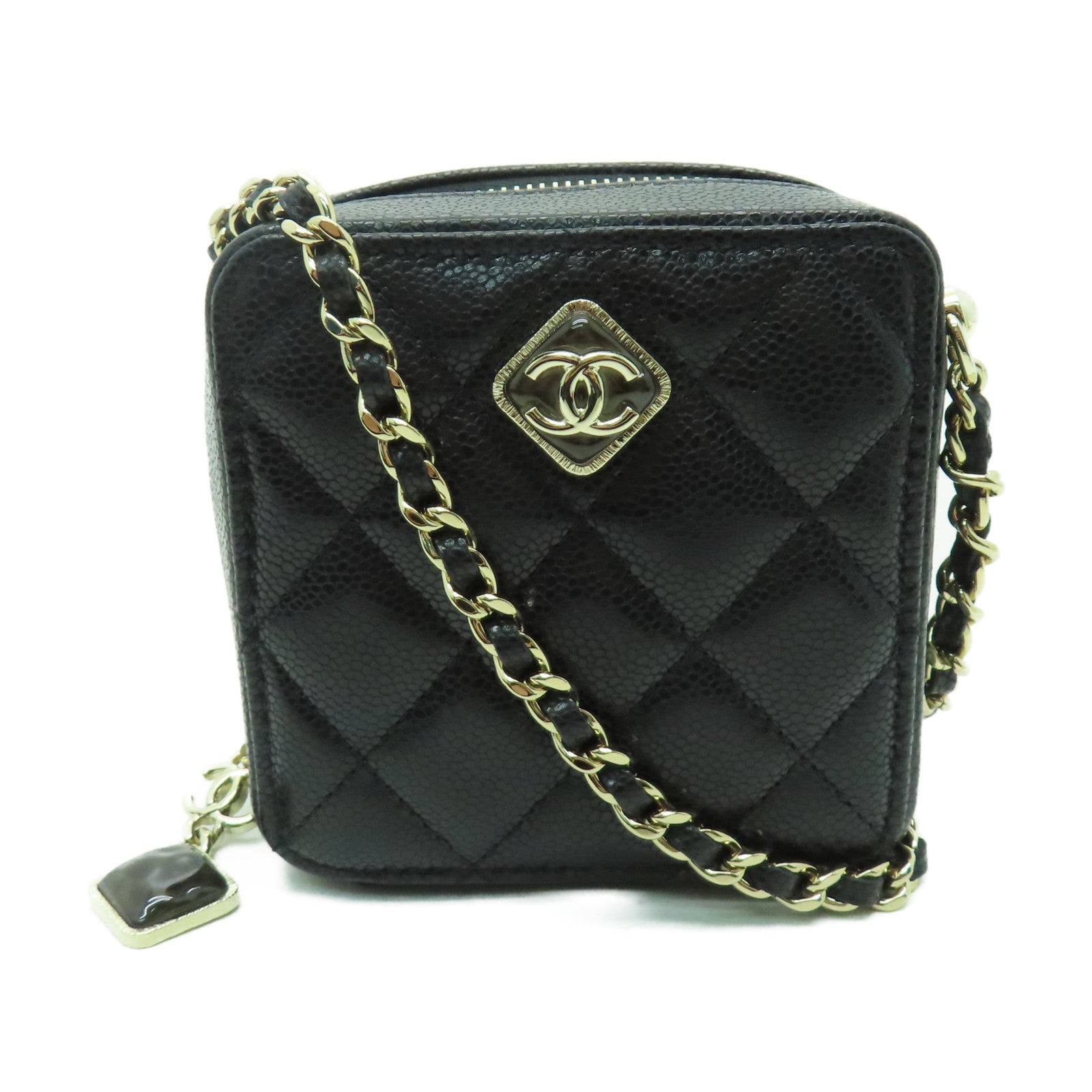 CHANEL 菱格Caviar皮革Mini Chain Shoulder金扣鏈帶肩背袋黑色