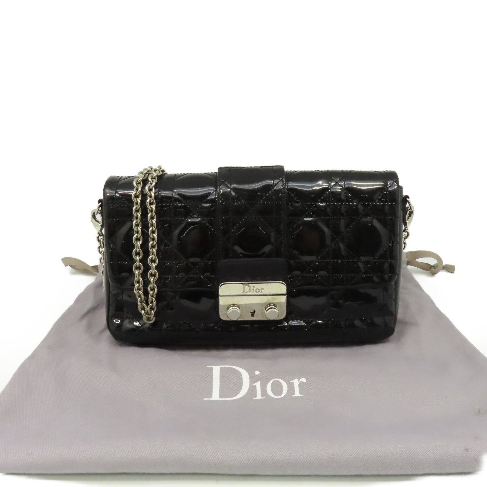 Dior 漆皮皮革Chain Shoulder Bag銀扣鏈帶肩背袋黑色