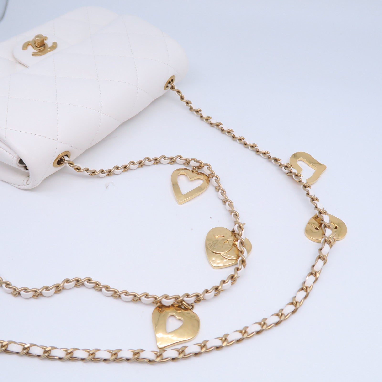 CHANEL 菱格牛皮皮革Chain Shoulder Bag金扣鏈帶肩背袋白色