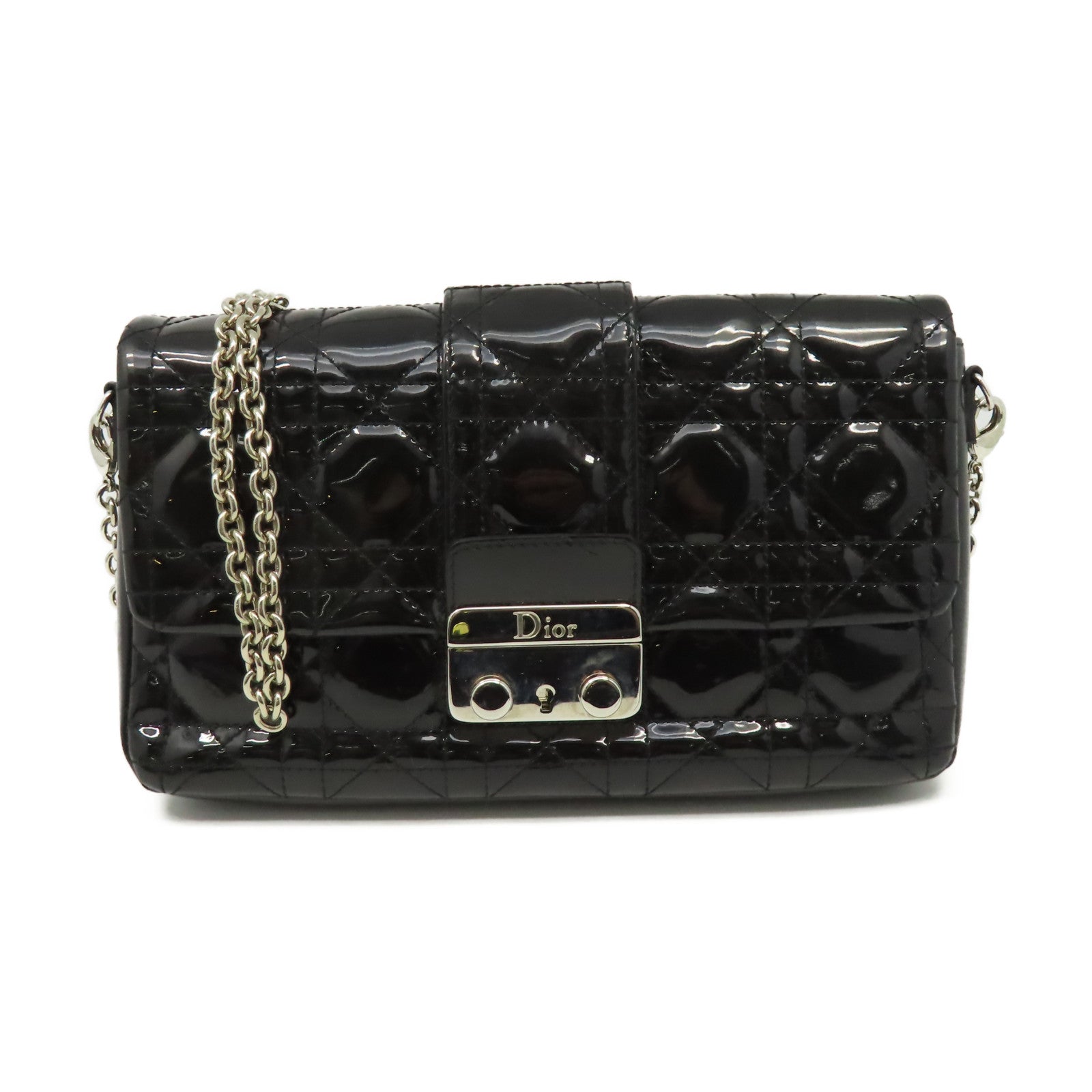 Dior 漆皮皮革Chain Shoulder Bag銀扣鏈帶肩背袋黑色