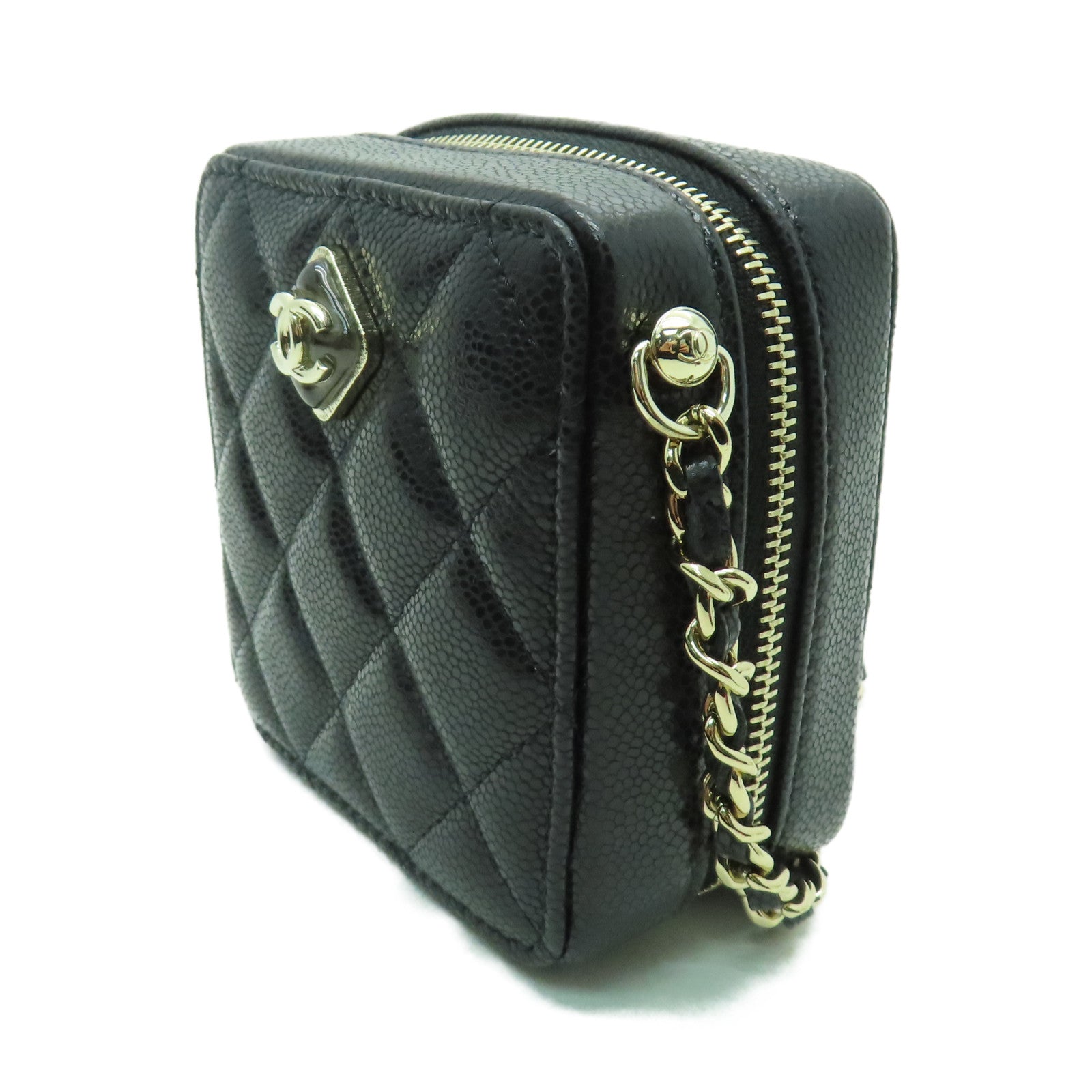 CHANEL 菱格Caviar皮革Mini Chain Shoulder金扣鏈帶肩背袋黑色