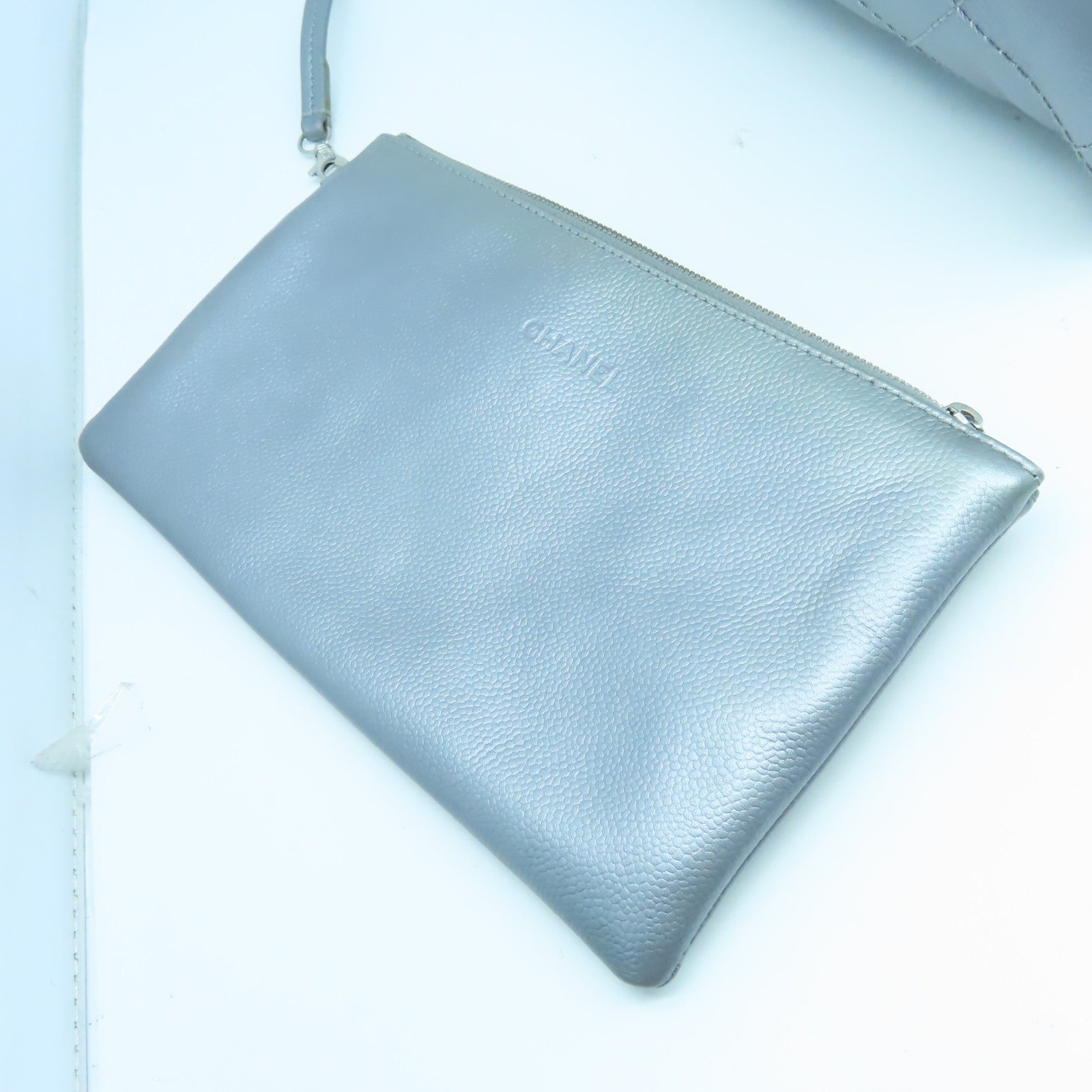 CHANEL 【激減優惠】菱格Caviar皮革Tote Bag銀扣手挽袋銀色