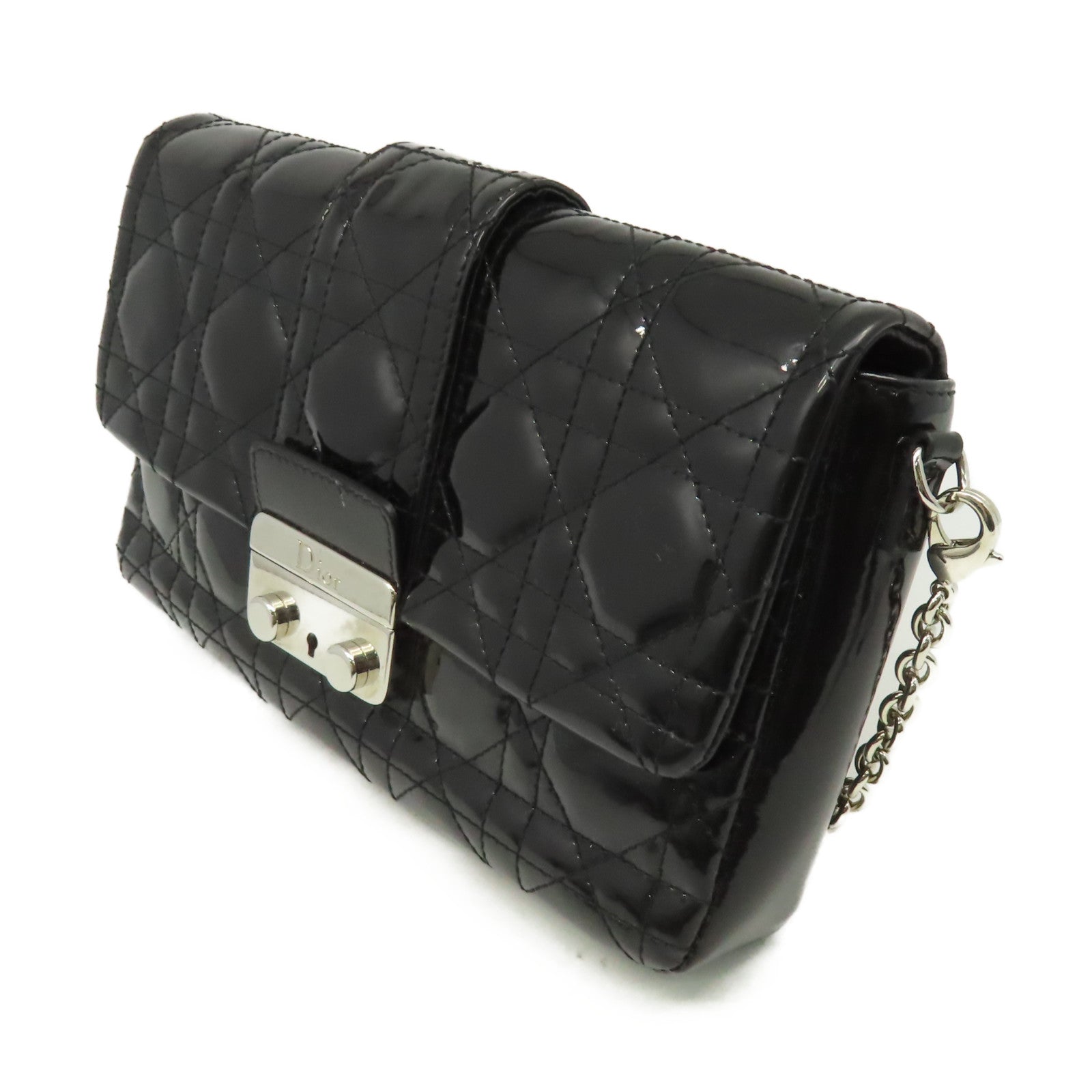 Dior 漆皮皮革Chain Shoulder Bag銀扣鏈帶肩背袋黑色