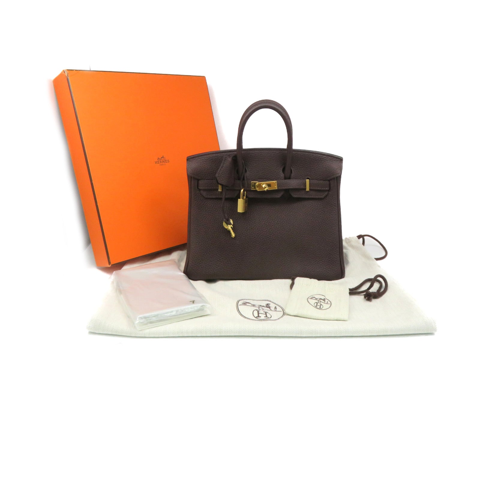 HERMES Togo Leather Birkin 25 Hand Bag Gold Buckle Hand Bag Chocolate Brown