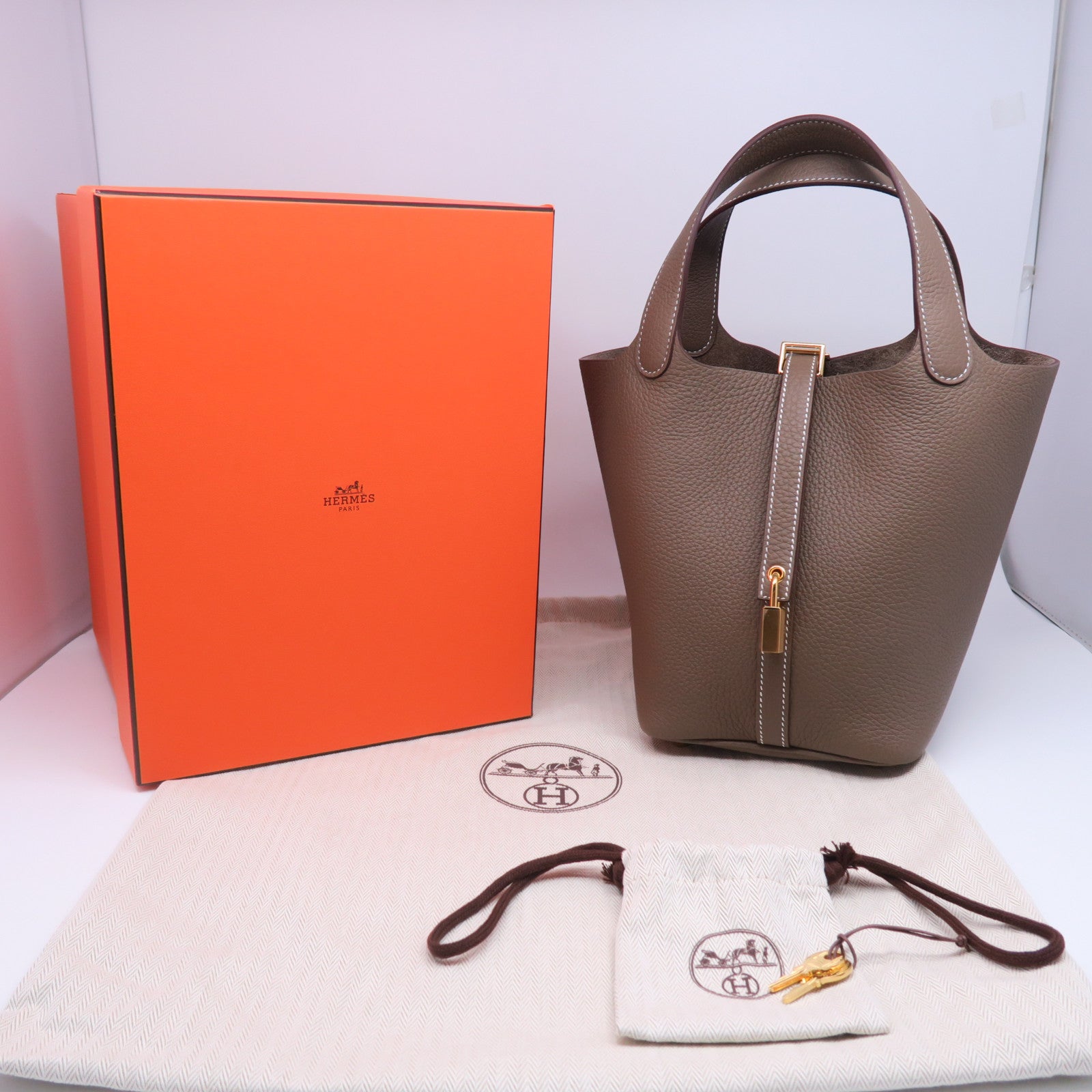 HERMES Clemence皮革Picotin PM金扣手挽袋大象灰色