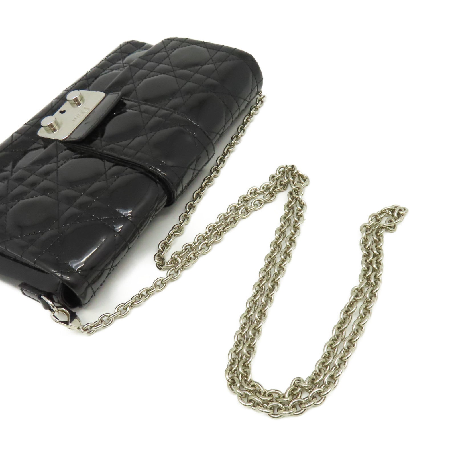 Dior 漆皮皮革Chain Shoulder Bag銀扣鏈帶肩背袋黑色