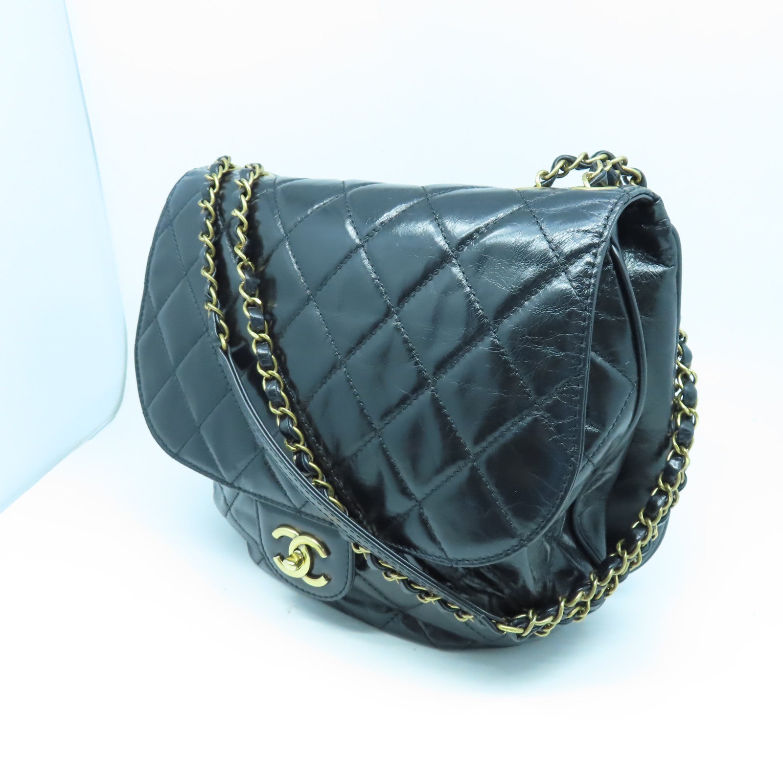 CHANEL 菱格牛皮皮革Chain Shoulder金扣鏈帶肩背袋黑色