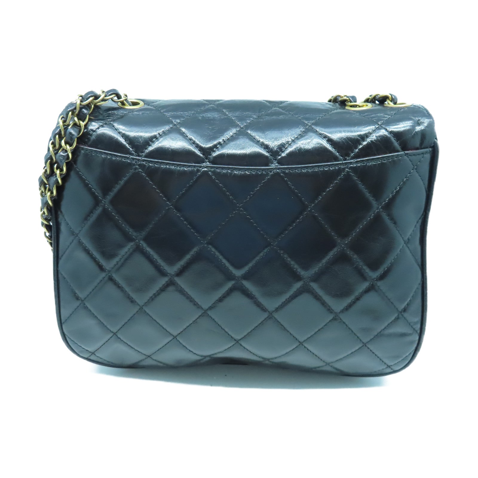 CHANEL 菱格牛皮皮革Chain Shoulder金扣鏈帶肩背袋黑色