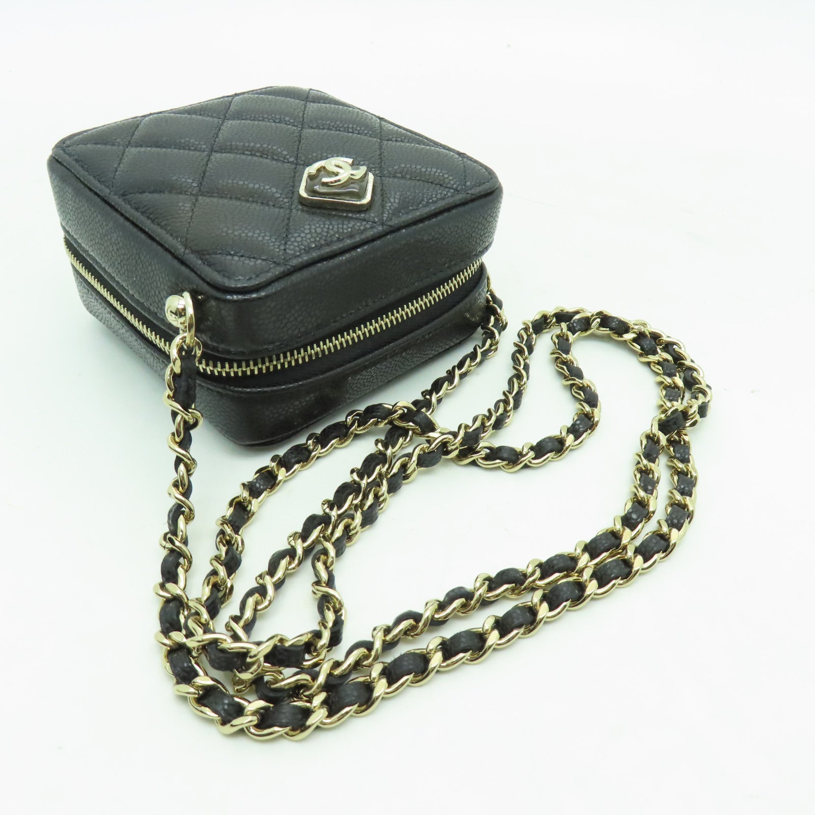 CHANEL 菱格Caviar皮革Mini Chain Shoulder金扣鏈帶肩背袋黑色