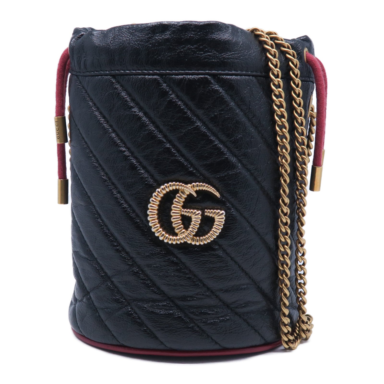 GUCCI 牛皮皮革GG Marmont金扣鏈帶肩背袋黑色/紅色