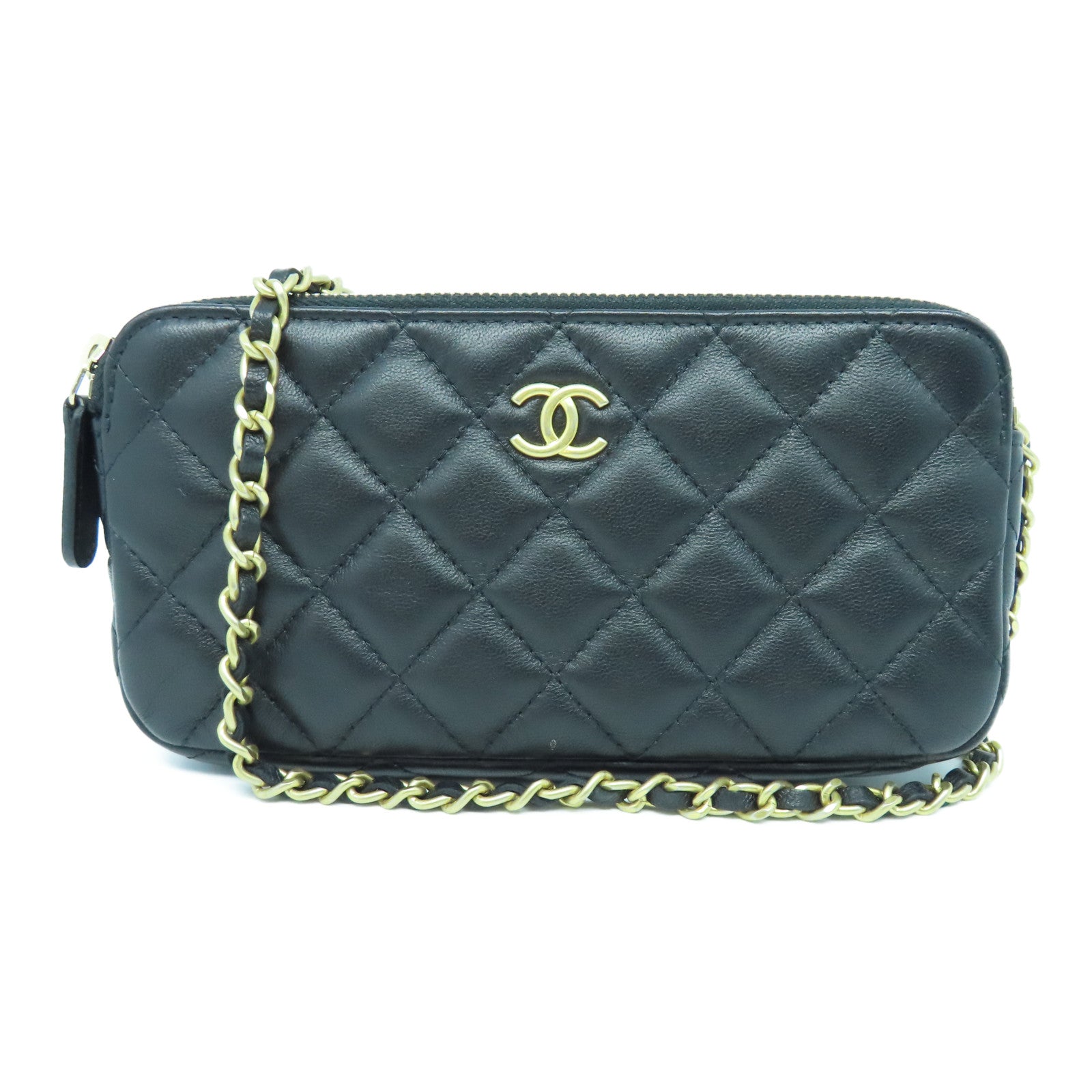 CHANEL 菱格羊皮皮革Chain Shoulder Bag金扣链带肩背袋黑色
