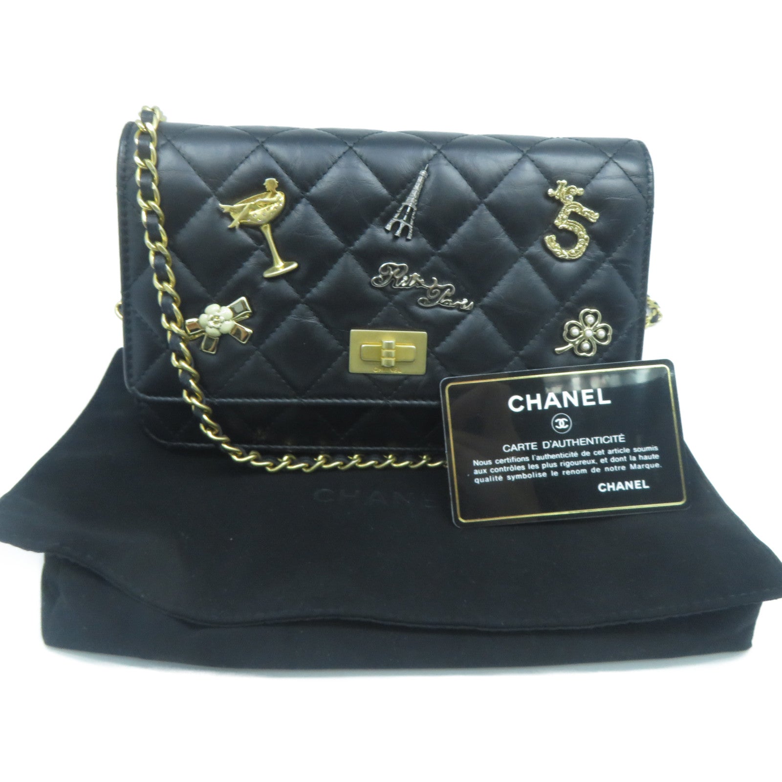 CHANEL 菱格牛皮皮革Wallet On Chain金扣鏈帶肩背袋黑色