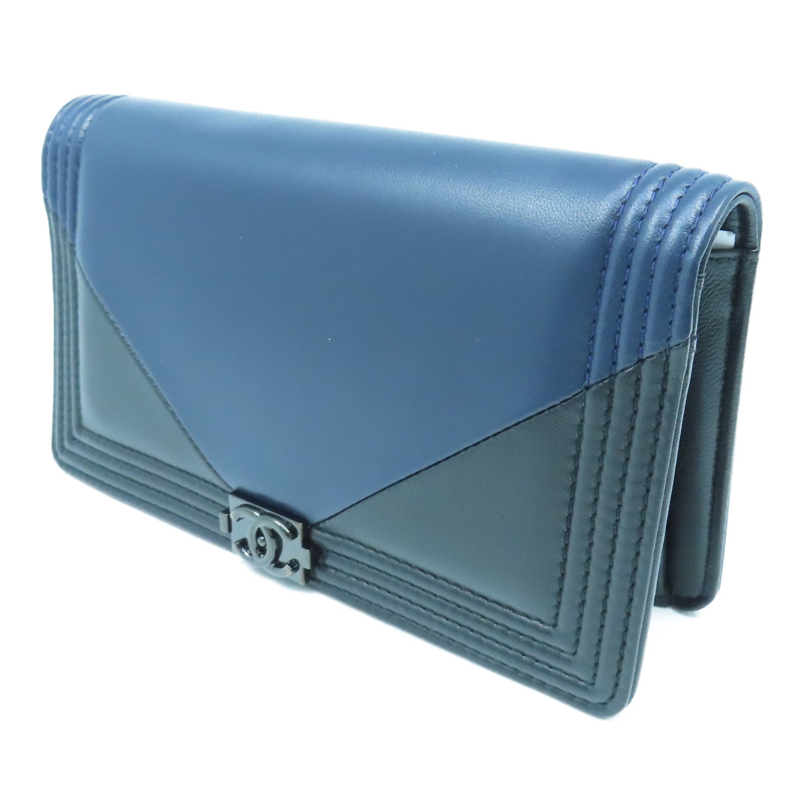 CHANEL 羊皮皮革Boy Long Wallet長銀包藍色