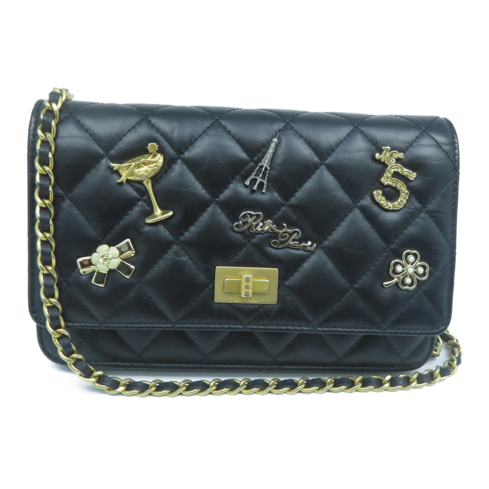 CHANEL 菱格牛皮皮革Wallet On Chain金扣鏈帶肩背袋黑色