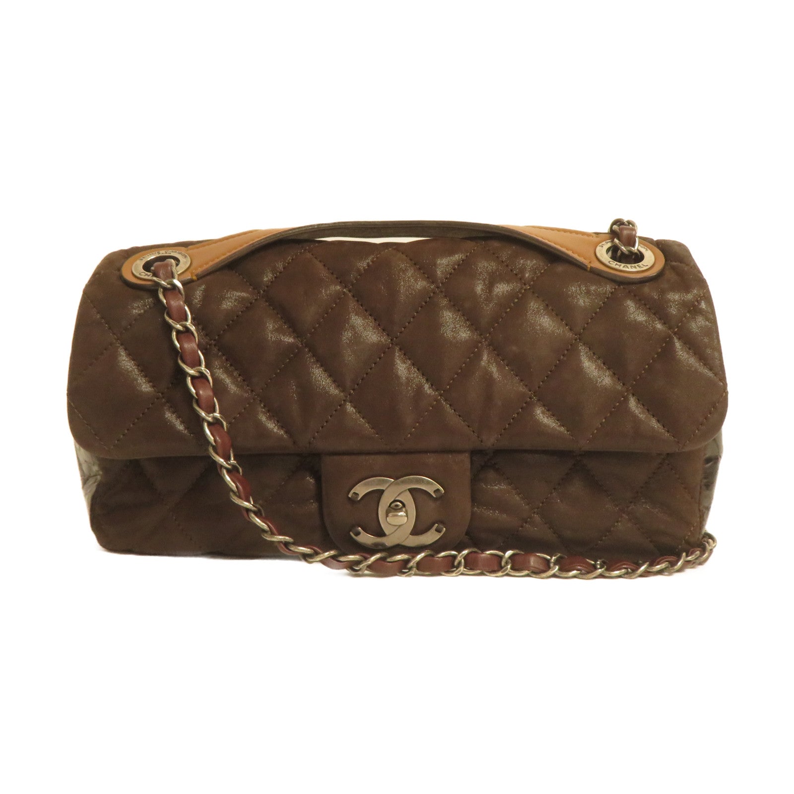 CHANEL 菱格PVC塗層皮革Chain Shoulder銀扣肩背袋啡色