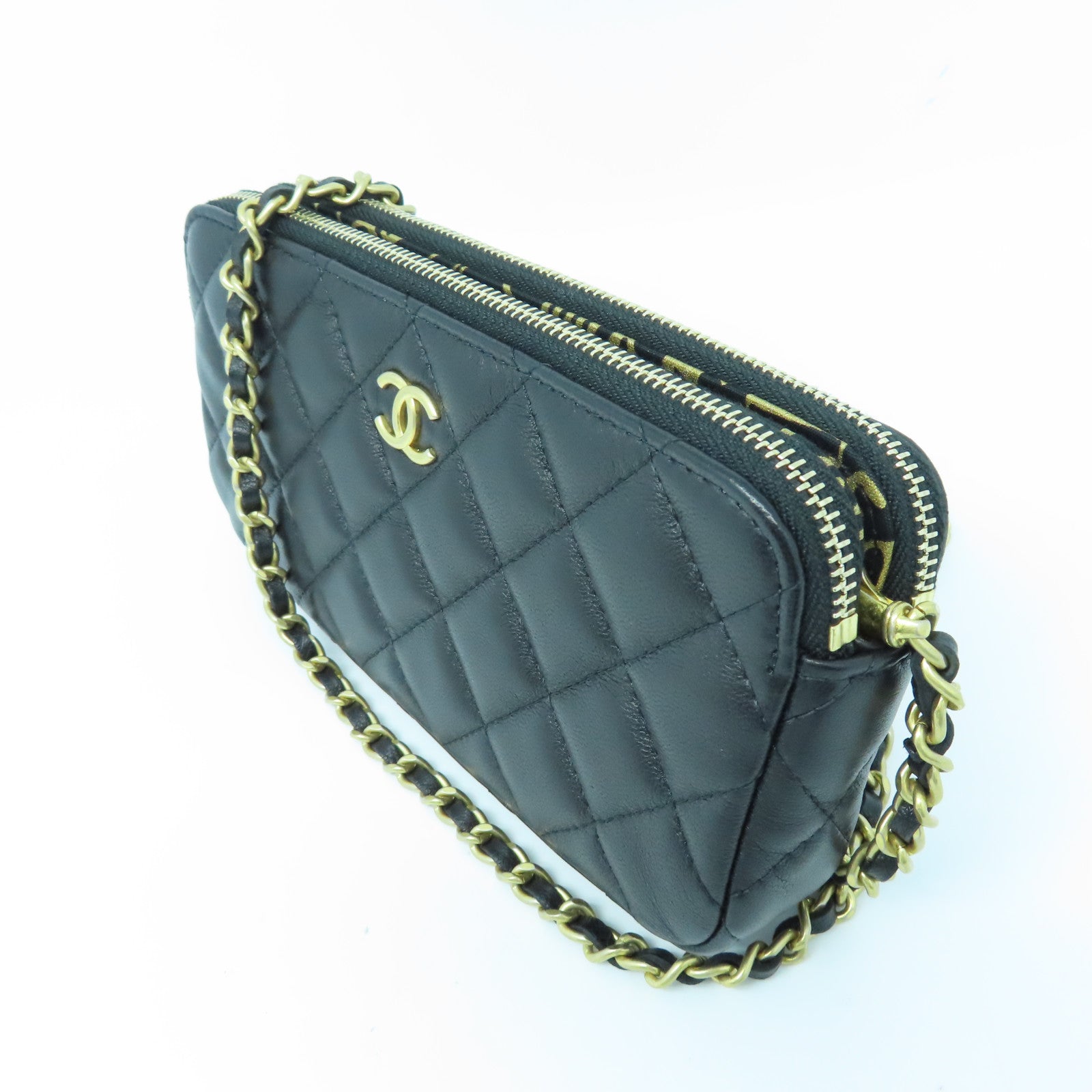 CHANEL 菱格羊皮皮革Chain Shoulder Bag金扣链带肩背袋黑色
