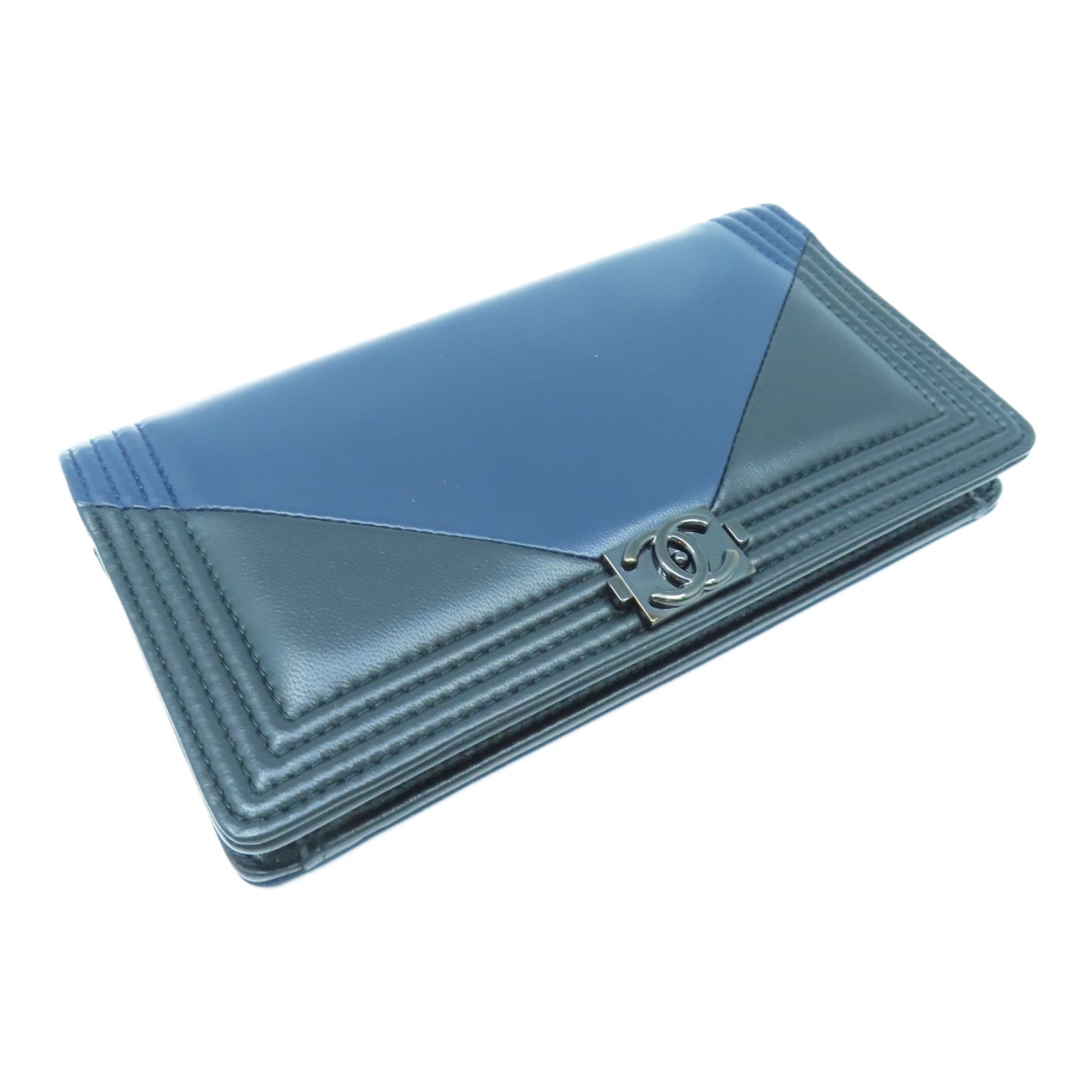 CHANEL 羊皮皮革Boy Long Wallet長銀包藍色