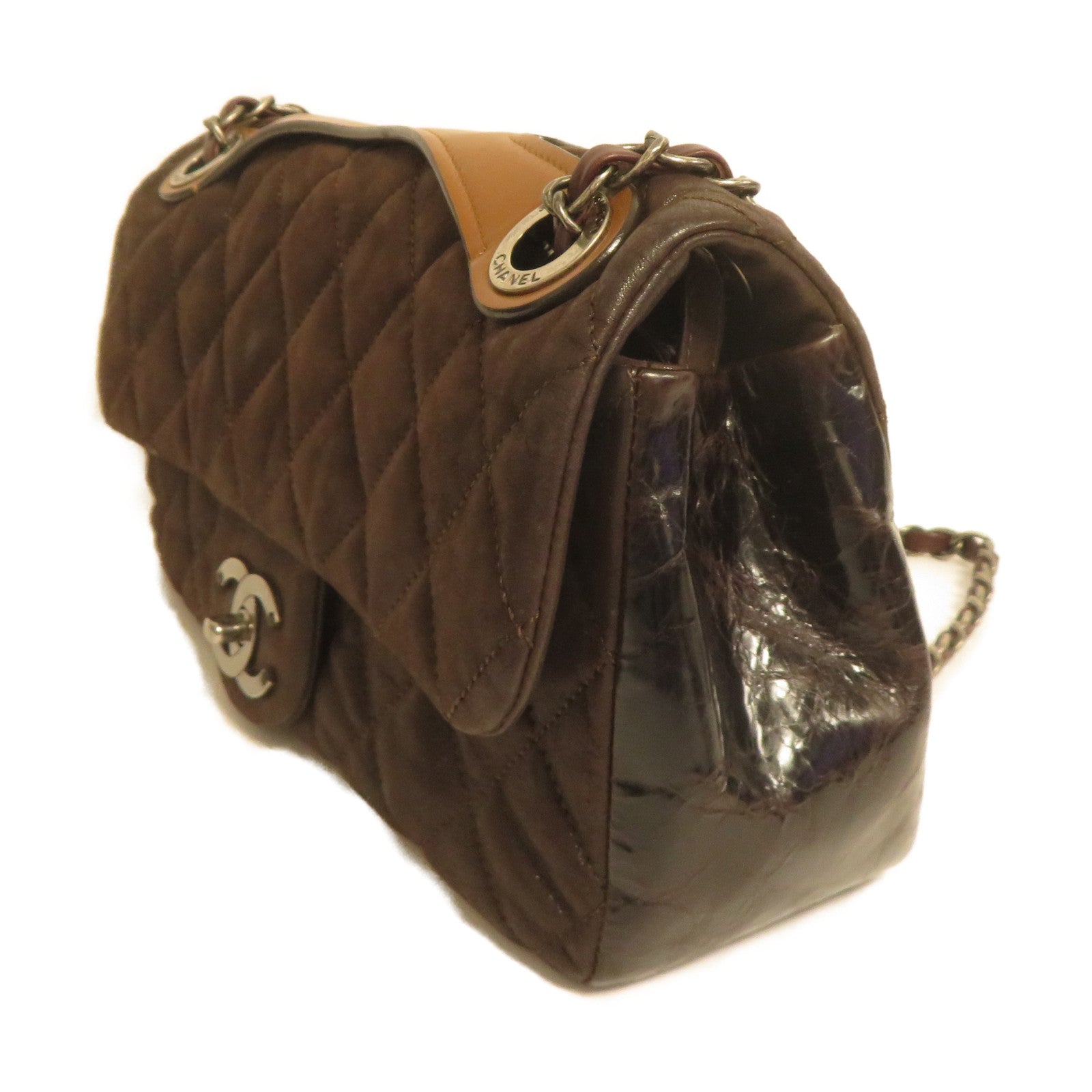 CHANEL 菱格PVC塗層皮革Chain Shoulder銀扣肩背袋啡色