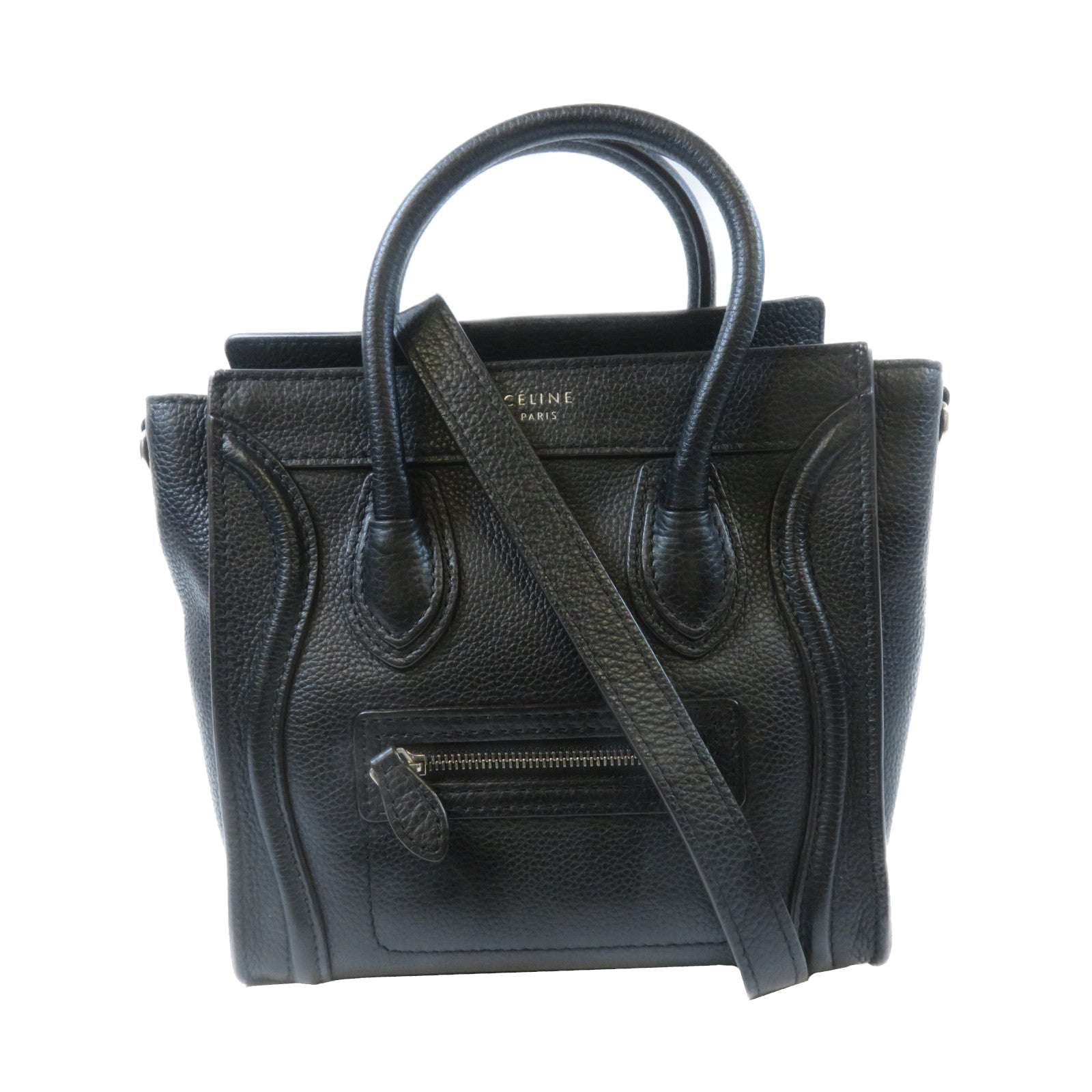 CELINE 牛皮皮革Nano Luggage銀扣手挽肩背兩用袋黑色