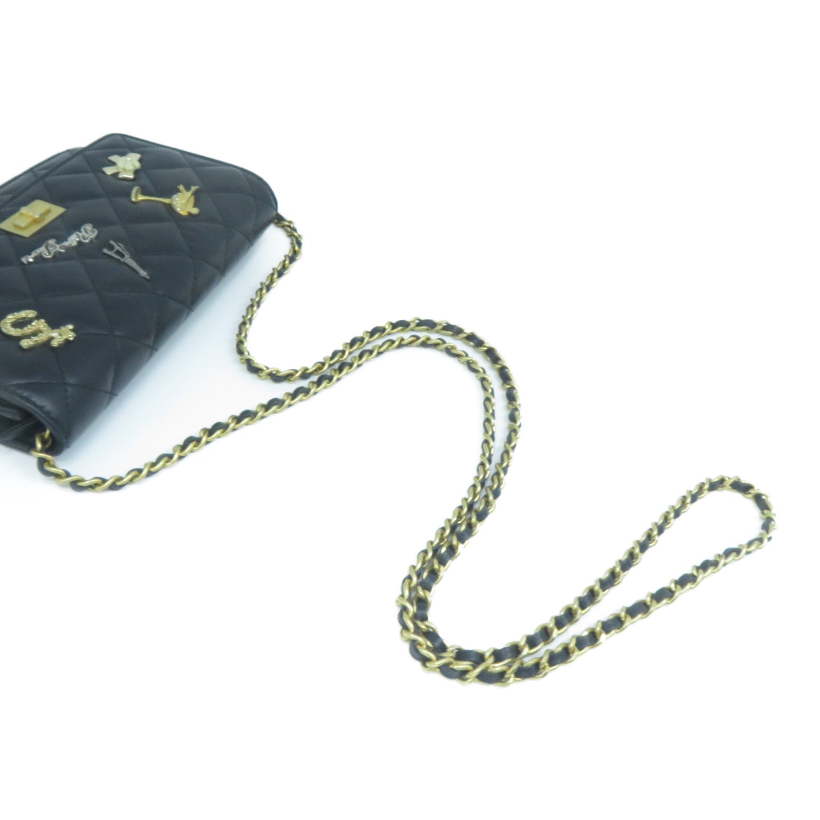 CHANEL 菱格牛皮皮革Wallet On Chain金扣鏈帶肩背袋黑色