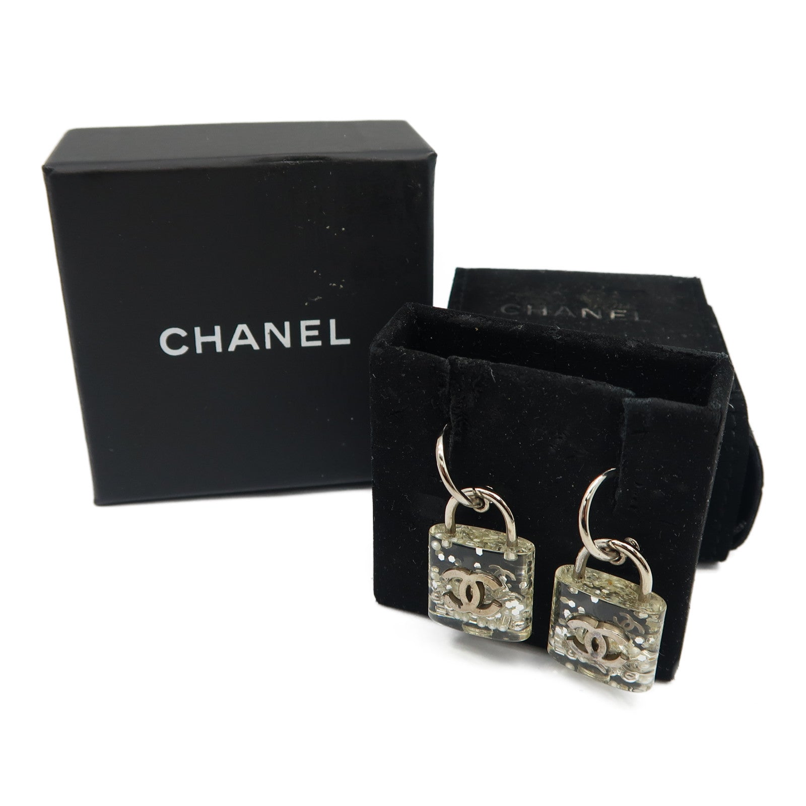 CHANEL 樹脂Padlock Drop Earrings耳環透明/銀色