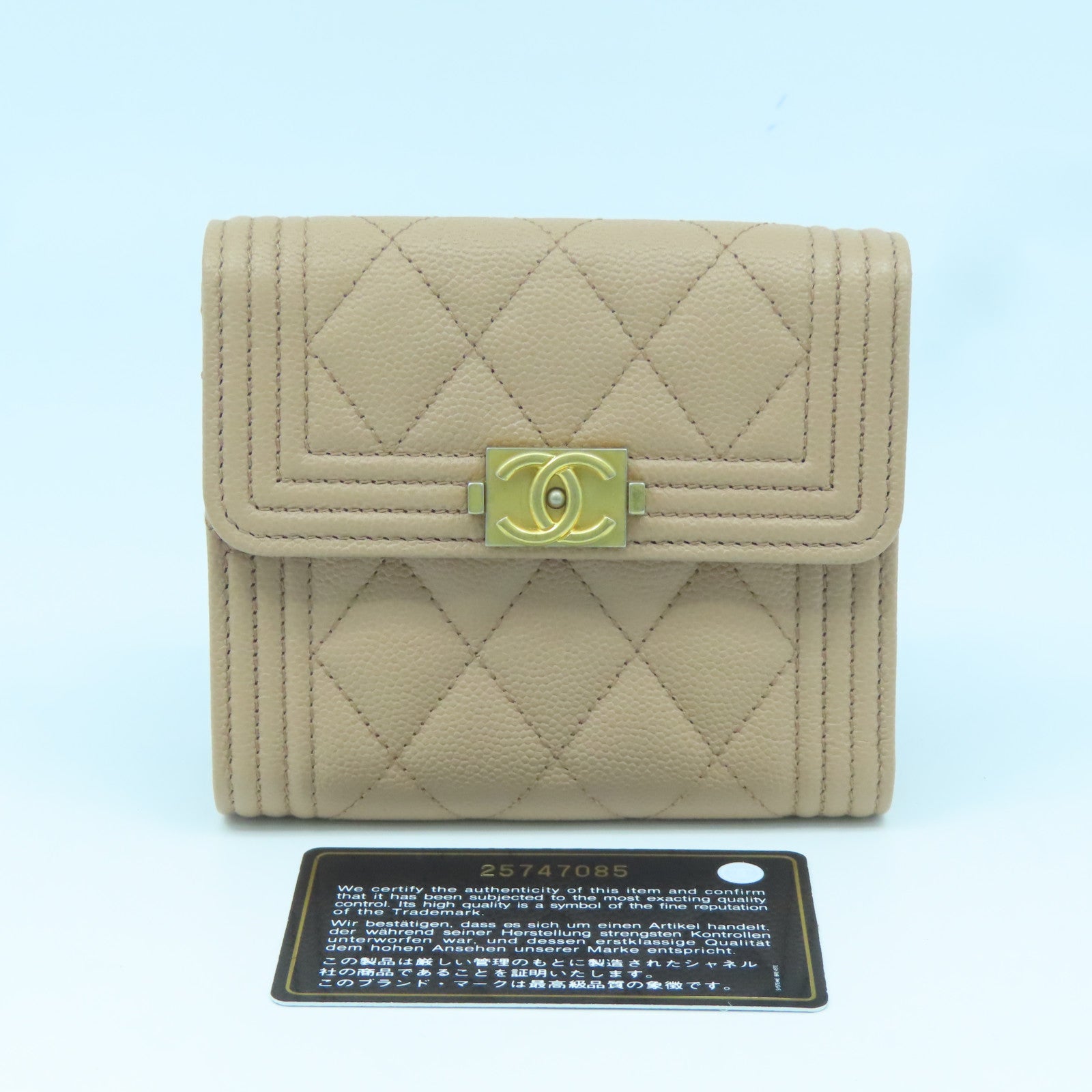 CHANEL Diamond Caviar Leather Wallet Gold Buckle Wallet Beige